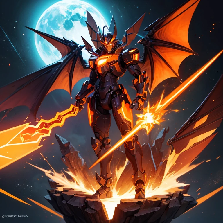 A mech with dragon like wings a plasma sword in his write hand the mech is bigger than earth in size on the chest of the mach Two letters D F are written in glowing letters the mach in black and orange in clour the orange part glows with radiant light and heat it have a rotating core at its chest just below where D F is written