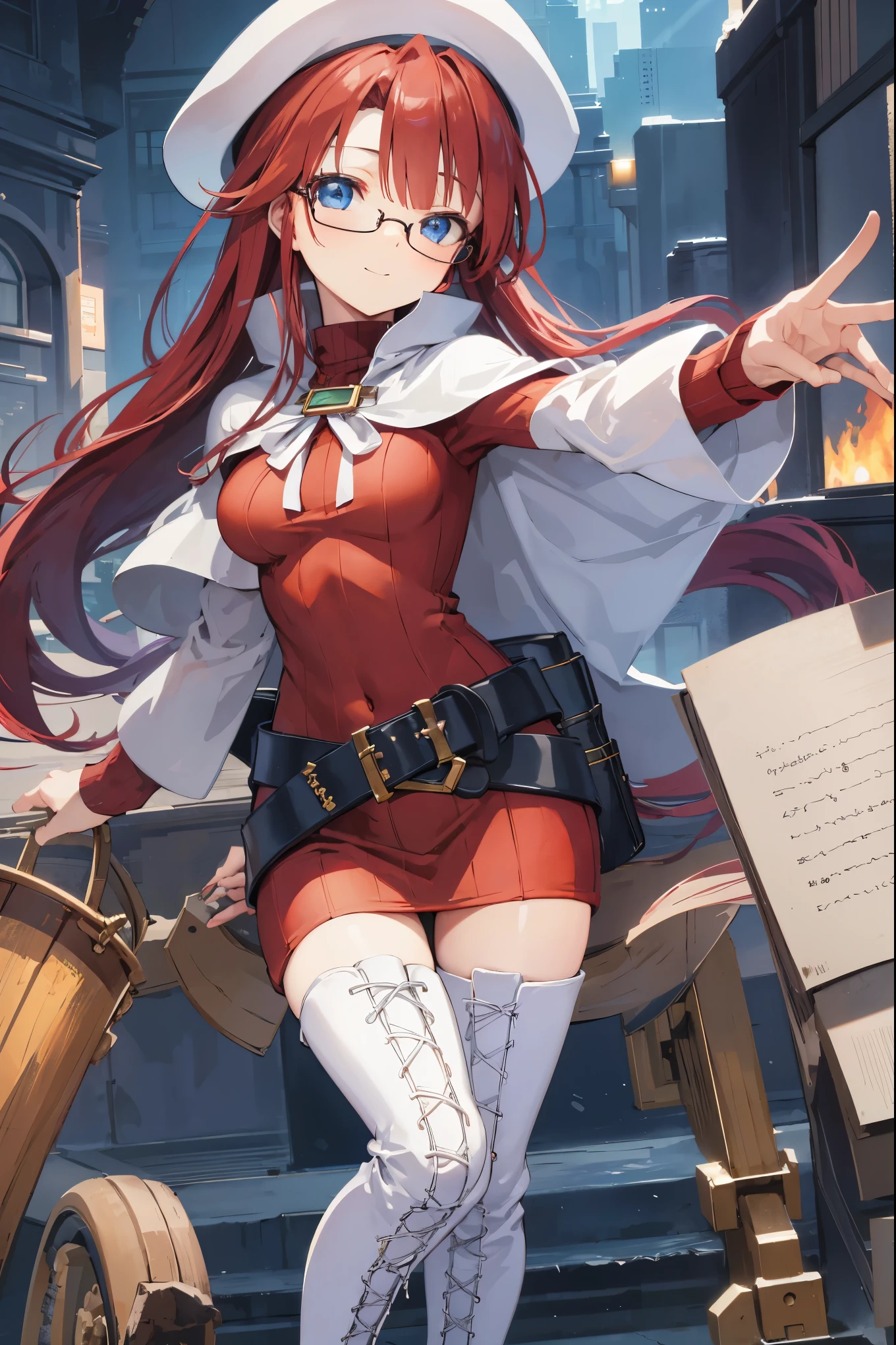 summonnightaty, aty, (young:1.3),long hair, blue eyes, red hair, large_beret, hat, glasses,
BREAK long hair, thighhighs, hat, dress, boots, glasses, belt, cape, sweater, zettai ryouiki, beret, thigh boots, white footwear, ribbed sweater, loose belt,solo,
BREAK outdoors, fantasy,on_cobblestone
,
BREAK (masterpiece:1.2), best quality, high resolution, unity 8k wallpaper, (illustration:0.8), (beautiful detailed eyes:1.6), extremely detailed face, perfect lighting, extremely detailed CG, (perfect hands, perfect anatomy),covered_nipples,covered_navel,light_smile ,(half_eyes:1.4),long_sword,armpit,sleepy,dynamic_fighting_pose,barrel,red_sweater,apart_legs,magical_effect,spread_legs, have_a_book,teacher,rise_knee,kind_face