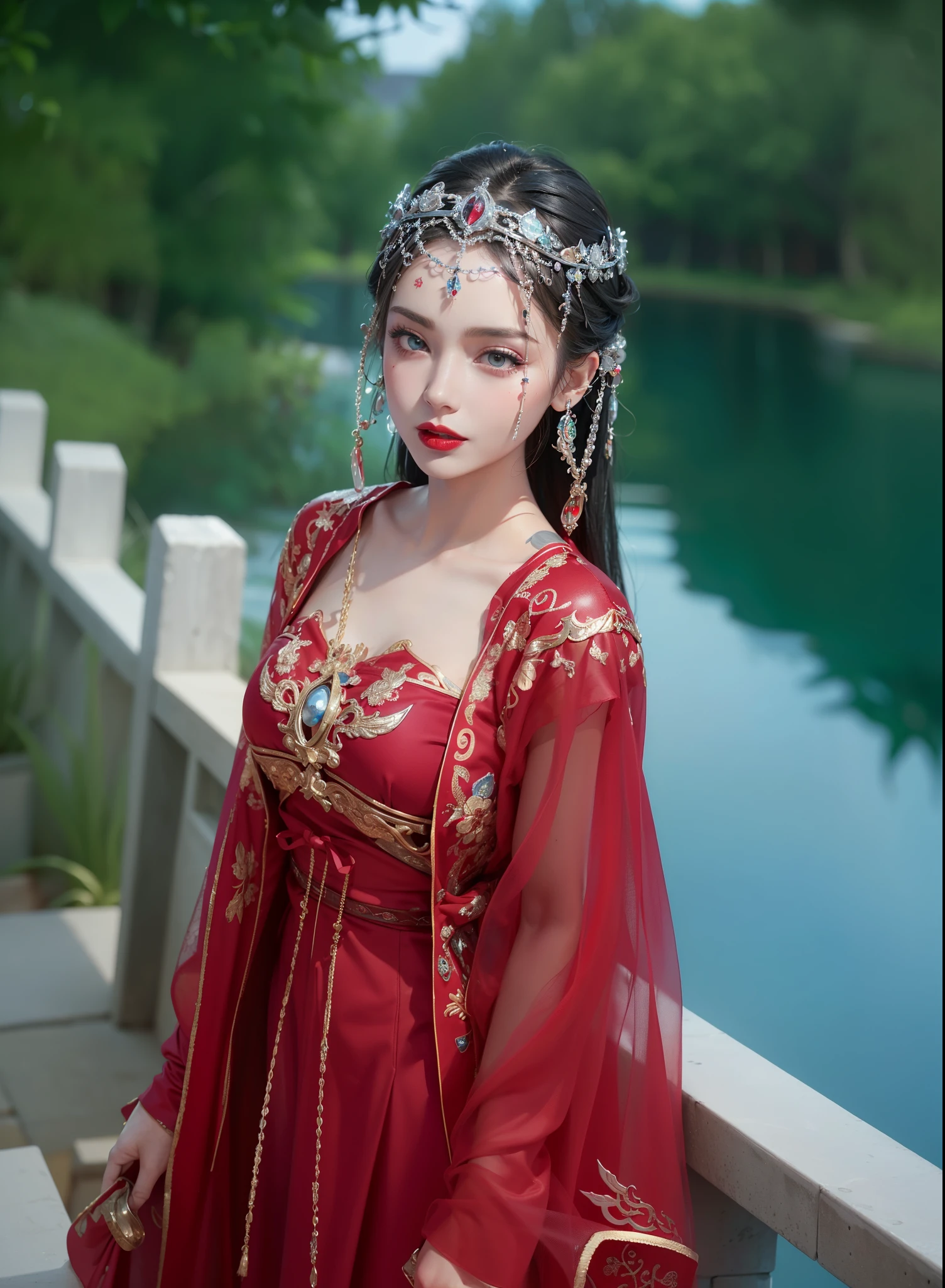 Royal princess,Super detailed, Delicate face, Stock Photography , Portrait 400, F1 Camera Lens.6, Colorful, Surrealism, Realistic textures, Dramatic Lighting, Thin Film Distiller 800 (8K, original photo, Better quality, masterpiece: 1.2), Super detailed, (Extremely delicate skin: 1.2), 8K Ultra HD, SLR camera, Soft Light, high quality.Fire Queen,Blue pupils,Apply red lipstick,Have a tattoo,The tattoo is very three-dimensional,Gorgeous and intricate tattoo designs,8K Mugshot,Large Breasts,Dark eyeshadow,Sexy thick lips(Red lipstick),Ice Princess,The facial features are very three-dimensional,Dunhuang dancers