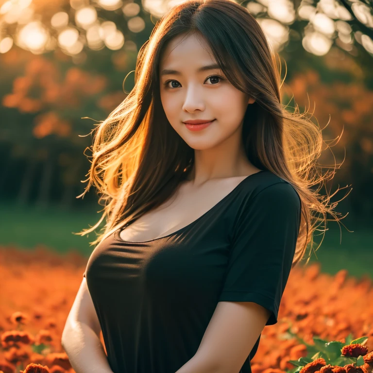 8K images, Shot with a high quality Fuji 45 camera.,000,000 pixels raw photo, best quality, Masterpiece:1.2), (realistic, photo-realistic:1.37), very detailed,
1 woman,cute, alone,Beautifully detailed sky,nighttime, Outdoors in the countryside there are red flowers.,) ,big breasts, seductive smile, wide aperture, professional lighting, Sony A7R4, 50mm sessile lens. 2 medium sized breasts,Beautifully detailed eyes,(dark orange t-shirt, Long hair floats up:1.2),floating hair