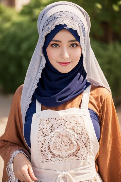 top-quality,Beautiful detailed hijabi,Bewitching face,mongol teen model,long lashes,Wearing a colorful (naked_apron),Hide your mouth with a lace cloth,Detailed details,Colossal ,sideboobs,stares at the camera, cowboys photo shot.