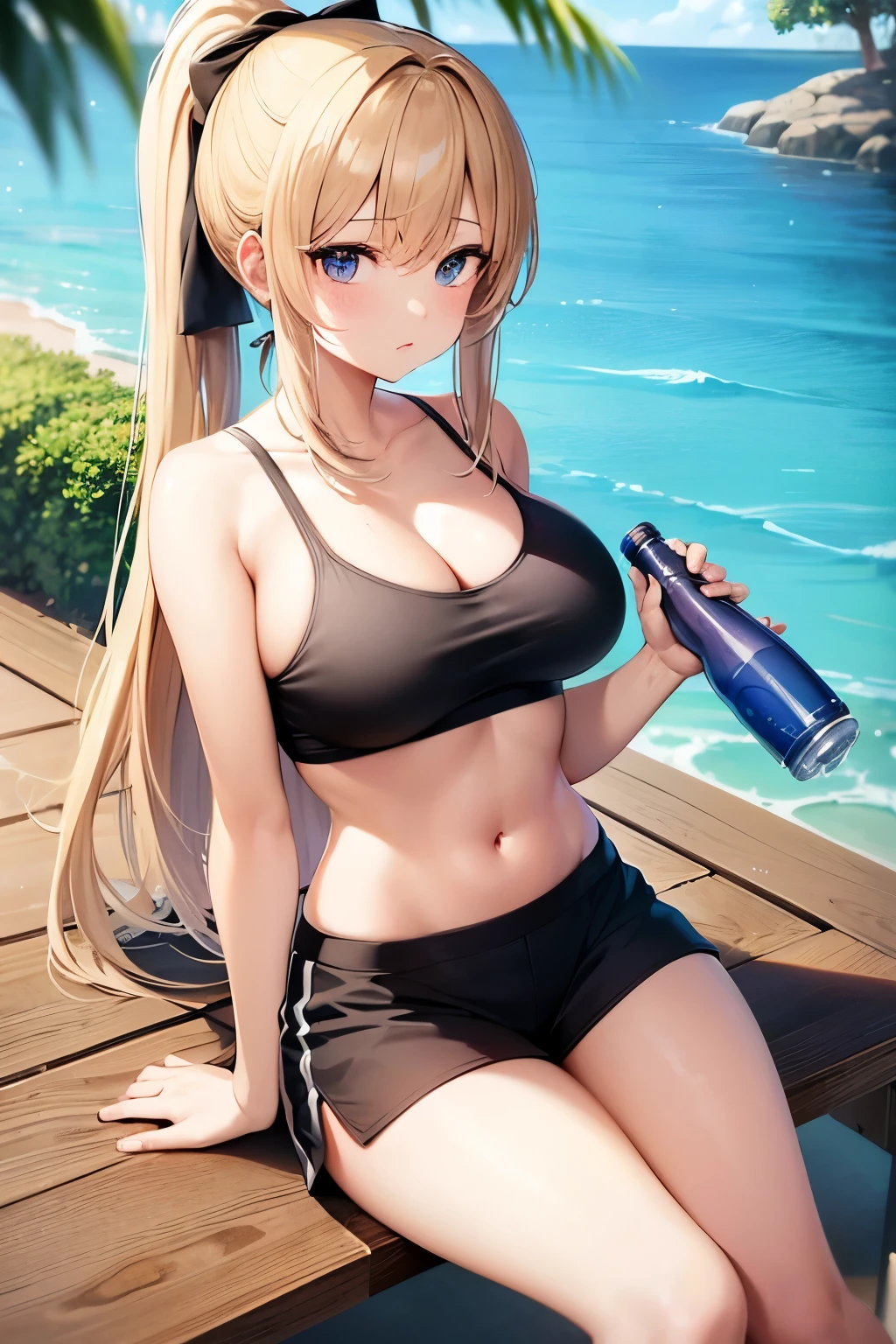 a beautiful anime girl drinking from a water bottle sitting on a bench with a black short, 1girl, breasts, solo, large breasts, black shorts, navel, long hair, bench, shorts, bottle, ponytail, cleavage, outdoors, sports bra, water bottle, sitting, tree, blonde hair, looking at viewer, thighs, midriff, bare arms, stomach, holding, bare shoulders, holding bottle, hair bow, highleg, sidelocks, muscle