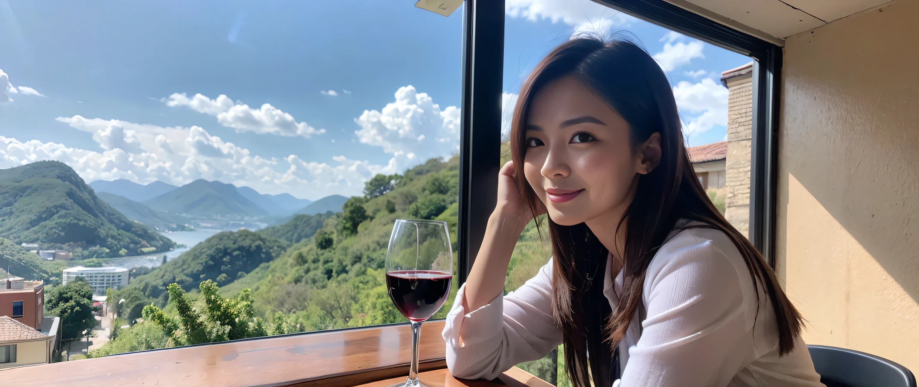 ((highest quality、8k、masterpiece:1.3))、Wine Party 、1 male 1 female、couple、Couple、Lovers、Slim body、((Bob Hale、Straight hair:1.2))、 (Realistic, Intricate details:1.2), Wine glass on the table、Shine light on your face、 Amazing view of the sunset sky and clouds、Amazing mountain views、A bright smile、The wonderfulness of smile、Bright image、The beauty of wine, Beautiful Face, blue eyes, The light shines on your face, Blushing, short hair,Bright Face、 (36 years old), 39 years old, red wine 、Appetizers、Italian food、Wine bottle、Champagne、sparkling wine、Two beauties、Brown Hair、Shortcuts、Long sleeve shirt、dress、Pretty Woman 1, (Slim face), (The body is slim), (Brown Hair), (Shortcuts), cheeks turn a little red,Attractive beauty、, Out of the window, A beautiful and detailed night view unfolds.........., restaurant, In a prominent place (From the waist up) Nova Frog Style, actress, model, Upper Body, White wine, slim, wine glass, Wine glass placed in the center, smile, (smile: 1.15), Beautiful fine grain, Depth f/2,saturation, High Contrast, Strong light and shadow,Moist Body:1.5、3D texture、Delicate eyes、Brown Hair、The hair is very shiny、