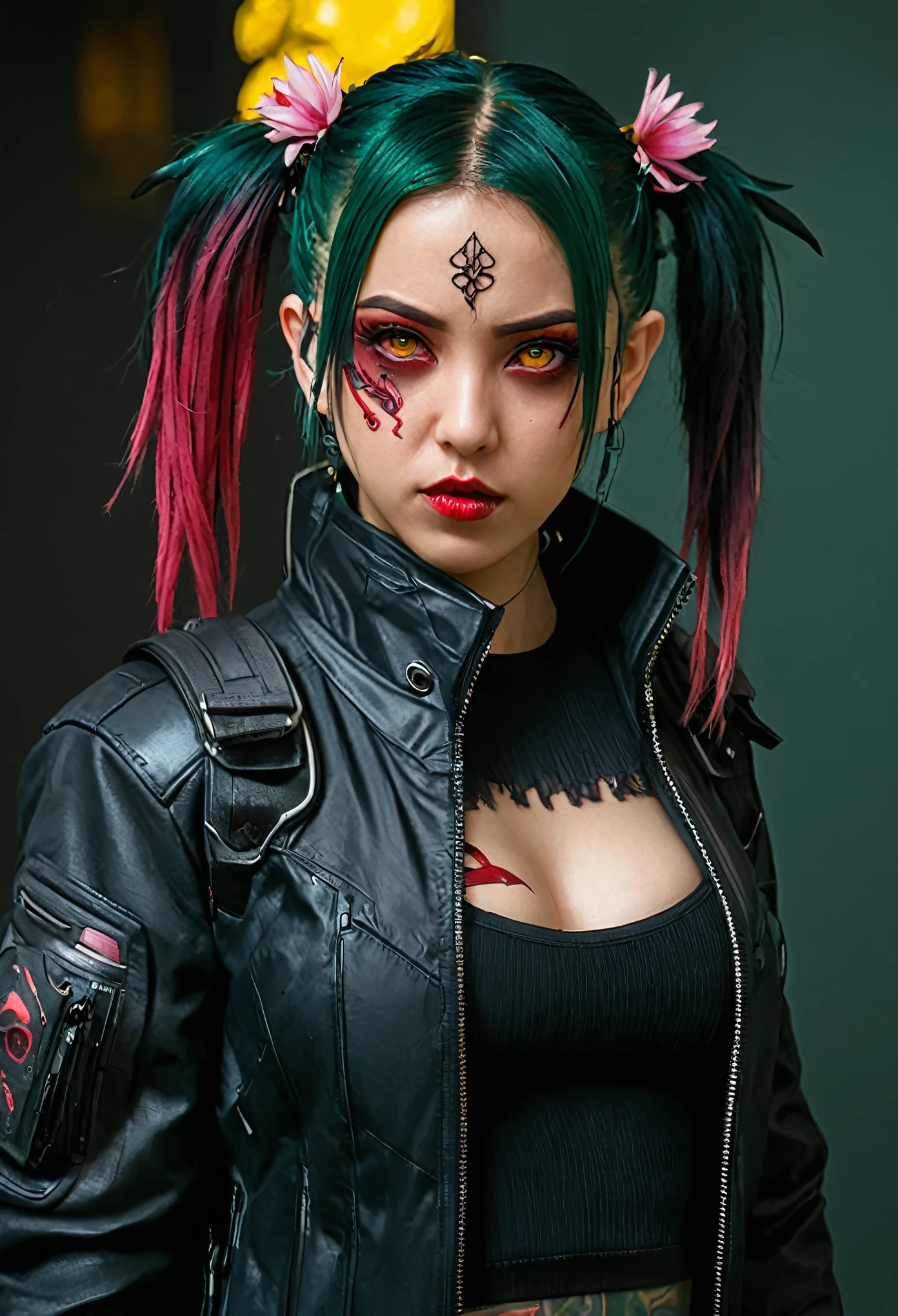 (blindbox style:1.3), cyberpunk_(series) cyberpunk_edgerunners rebecca_(cyberpunk) highres spoilers 1girl artificial_eye black_jacket blood blood_from_eyes blood_from_mouth colored_sclera colored_skin corpse death flower flower_over_eye green_hair ((guro)) jacket mechanical_eye neck_tattoo open_clothes open_jacket petals pink_tattoo red_eyes red_sclera signature solo stomach_tattoo symbol_in_eye tattoo twintails twitter_username white_skin yellow_eyes