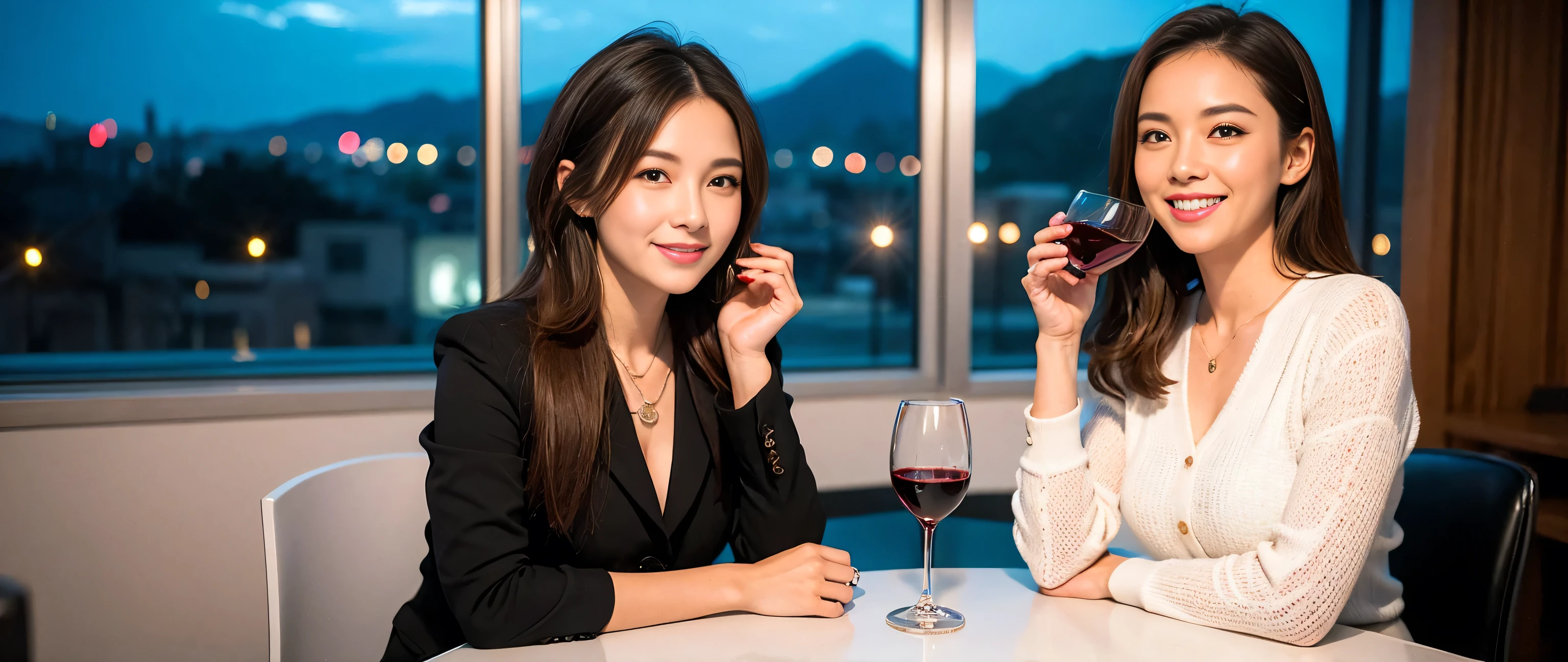 ((highest quality、8k、masterpiece:1.3))、Wine Party 、1 male 1 female、couple、Couple、Lovers、Slim body、((Bob Hale、Straight hair:1.2))、 (Realistic, Intricate details:1.2), Wine glass on the table、Shine light on your face、 Amazing view of the sunset sky and clouds、Amazing mountain views、A bright smile、The wonderfulness of smile、Bright image、The beauty of wine, Beautiful Face, blue eyes, The light shines on your face, Blushing, short hair,Bright Face、 (36 years old), 39 years old, red wine 、Appetizers、Italian food、Wine bottle、Champagne、sparkling wine、Two beauties、Brown Hair、Shortcuts、Long sleeve shirt、dress、Pretty Woman 1, (Slim face), (The body is slim), (Brown Hair), (Shortcuts), cheeks turn a little red,Attractive beauty、, Out of the window, A beautiful and detailed night view unfolds.........., restaurant, In a prominent place (From the waist up) Nova Frog Style, actress, model, Upper Body, White wine, slim, wine glass, Wine glass placed in the center, smile, (smile: 1.15), Beautiful fine grain, Depth f/2,saturation, High Contrast, Strong light and shadow,Moist Body:1.5、3D texture、Delicate eyes、Brown Hair、The hair is very shiny、
