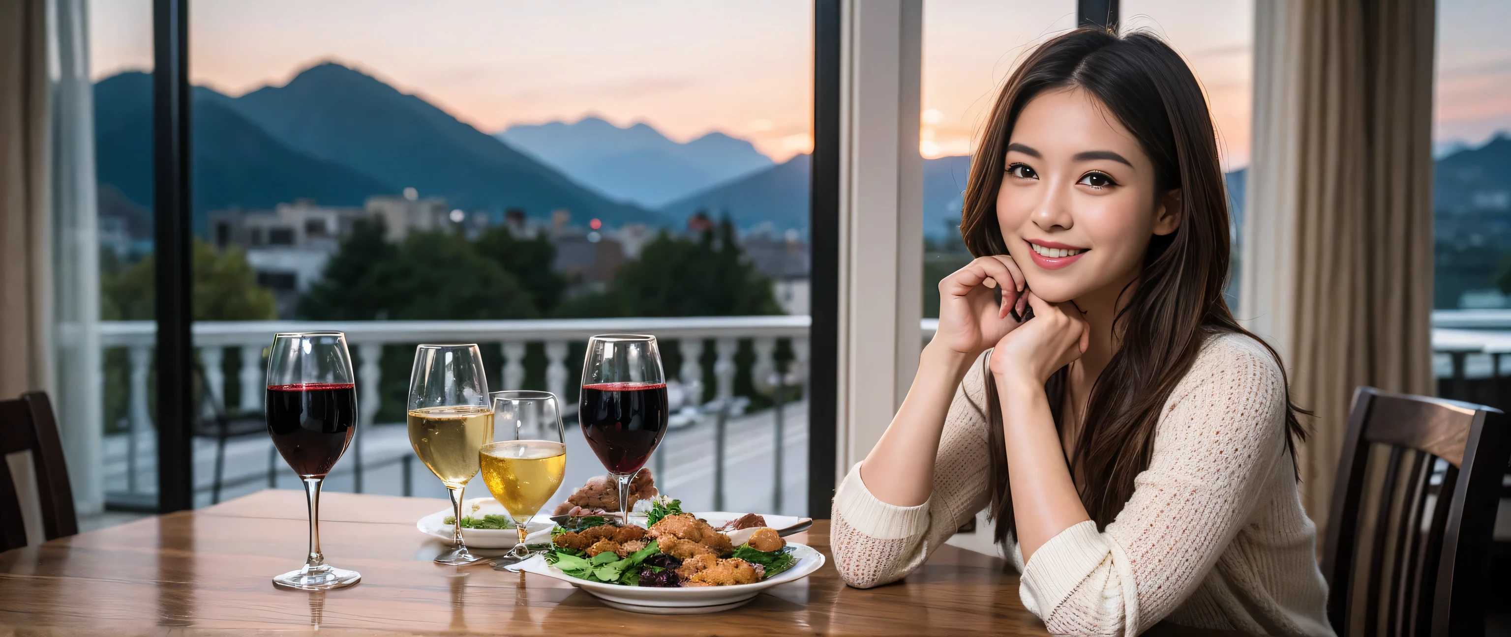 ((highest quality、8k、masterpiece:1.3))、Wine Party 、1 male 1 female、couple、Couple、Lovers、Slim body、((Bob Hale、Straight hair:1.2))、 (Realistic, Intricate details:1.2), Wine glass on the table、Shine light on your face、 Amazing view of the sunset sky and clouds、Amazing mountain views、A bright smile、The wonderfulness of smile、Bright image、The beauty of wine, Beautiful Face, blue eyes, The light shines on your face, Blushing, short hair,Bright Face、 (36 years old), 39 years old, red wine 、Appetizers、Italian food、Wine bottle、Champagne、sparkling wine、Two beauties、Brown Hair、Shortcuts、Long sleeve shirt、dress、Pretty Woman 1, (Slim face), (The body is slim), (Brown Hair), (Shortcuts), cheeks turn a little red,Attractive beauty、, Out of the window, A beautiful and detailed night view unfolds.........., restaurant, In a prominent place (From the waist up) Nova Frog Style, actress, model, Upper Body, White wine, slim, wine glass, Wine glass placed in the center, smile, (smile: 1.15), Beautiful fine grain, Depth f/2,saturation, High Contrast, Strong light and shadow,Moist Body:1.5、3D texture、Delicate eyes、Brown Hair、The hair is very shiny、