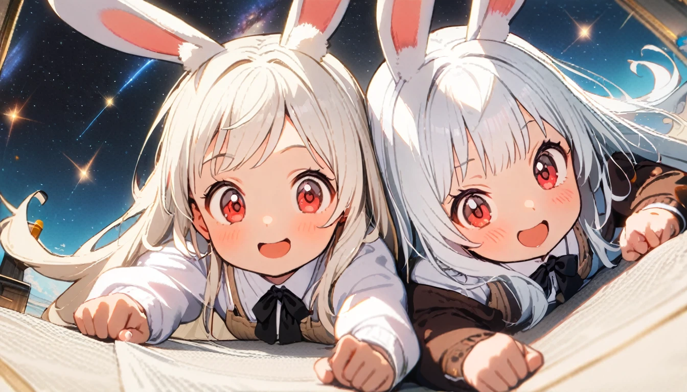 (2females:2.0),(2females:2.0),(2females:2.0),(2females:1.8),2females\(rabbit girl,cute,kawaii,small kid,(white hair:2.0),(long hair:1.6),(rabbit ear:2.0),rabbit ear is white,white long dress with frill,red eyes,big eyes,skin color white,big hairbow,smile,cute pose,dynamic angle,(full body:0.8)\), BREAK ,background\(cosmic,milkyway,galaxy\), BREAK ,quality\(8k,wallpaper of extremely detailed CG unit, ​masterpiece,hight resolution,top-quality,top-quality real texture skin,hyper realisitic,increase the resolution,RAW photos,best qualtiy,highly detailed,the wallpaper\),((cute pose)),dynamic angle