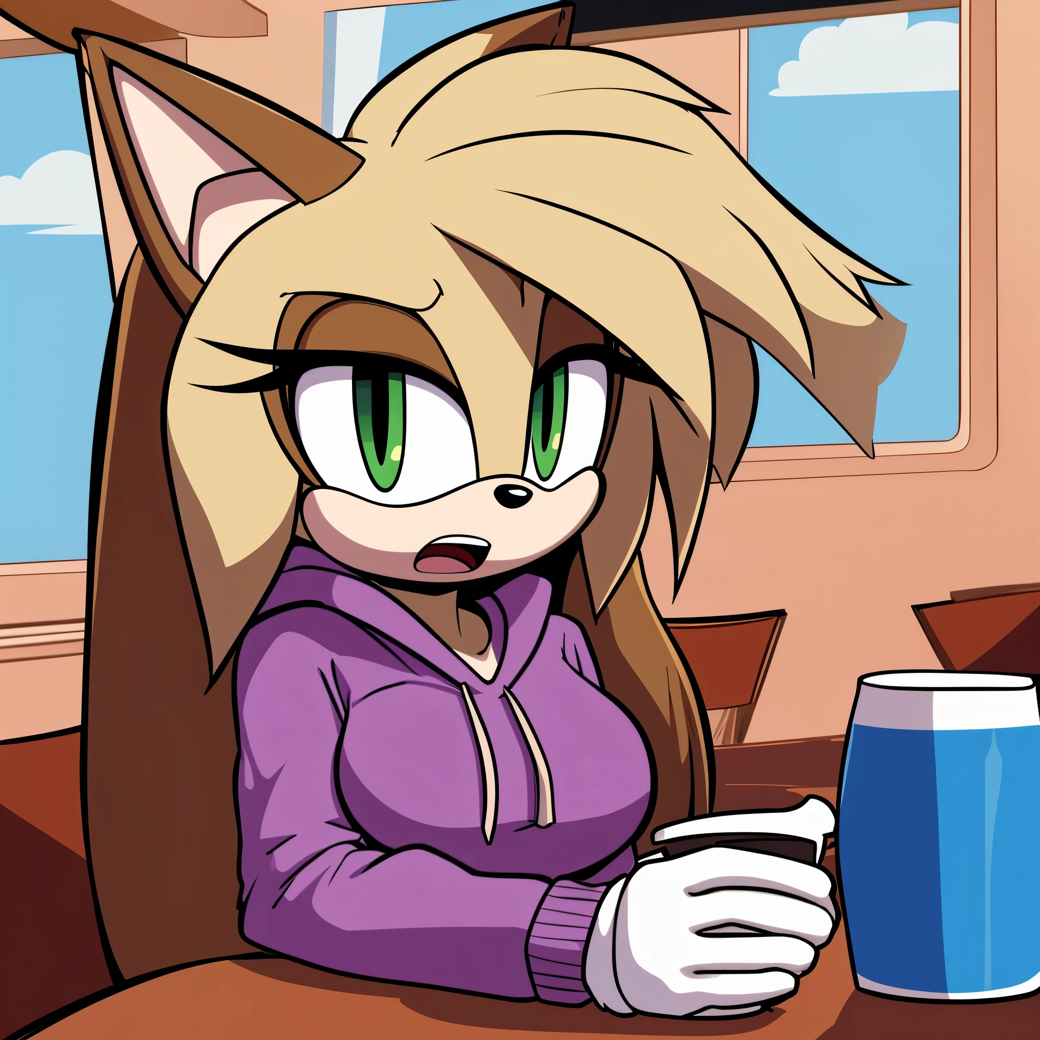 score_9, score_8_up, 2D, flat color, cafe background, looking at viewer, 1girl, very detailed, extremely detailed, from the sonic the hedgehog series, Female, Mobian, Fox, portrait, cut off body, shocked expression, puzzled expression, sound lines, open mouth, makeup, light on the lipstick, hair down, long hair, purple hoodie, sitting at table, on a date, large bust, milf, light ash blonde colored fur, light ash blonde colored hair