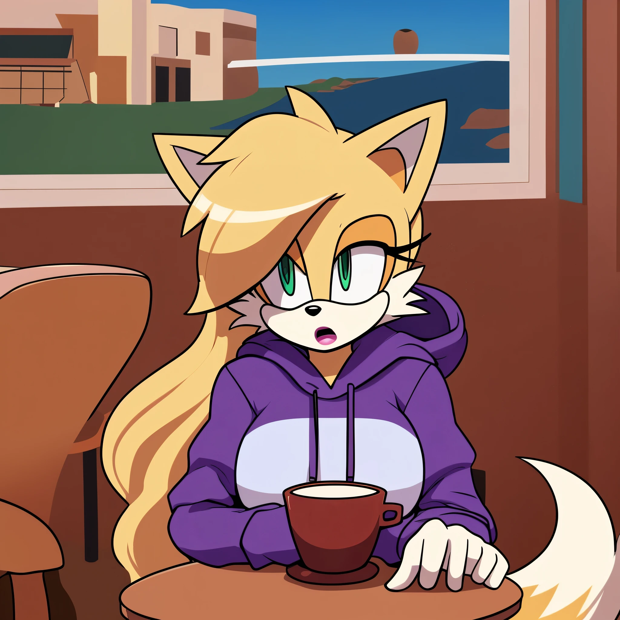 score_9, score_8_up, 2D, flat color, cafe background, looking at viewer, 1girl, very detailed, extremely detailed, from the sonic the hedgehog series, Female, Mobian, Fox, portrait, cut off body, shocked expression, puzzled expression, sound lines, open mouth, makeup, light on the lipstick, hair down, long hair, purple hoodie, sitting at table, on a date, large bust, milf, light ash blonde colored fur, light ash blonde colored hair