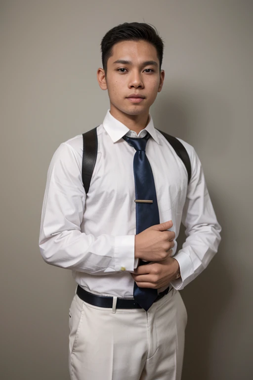 Male graduation picture, white uniform, no necktie, Filipino white