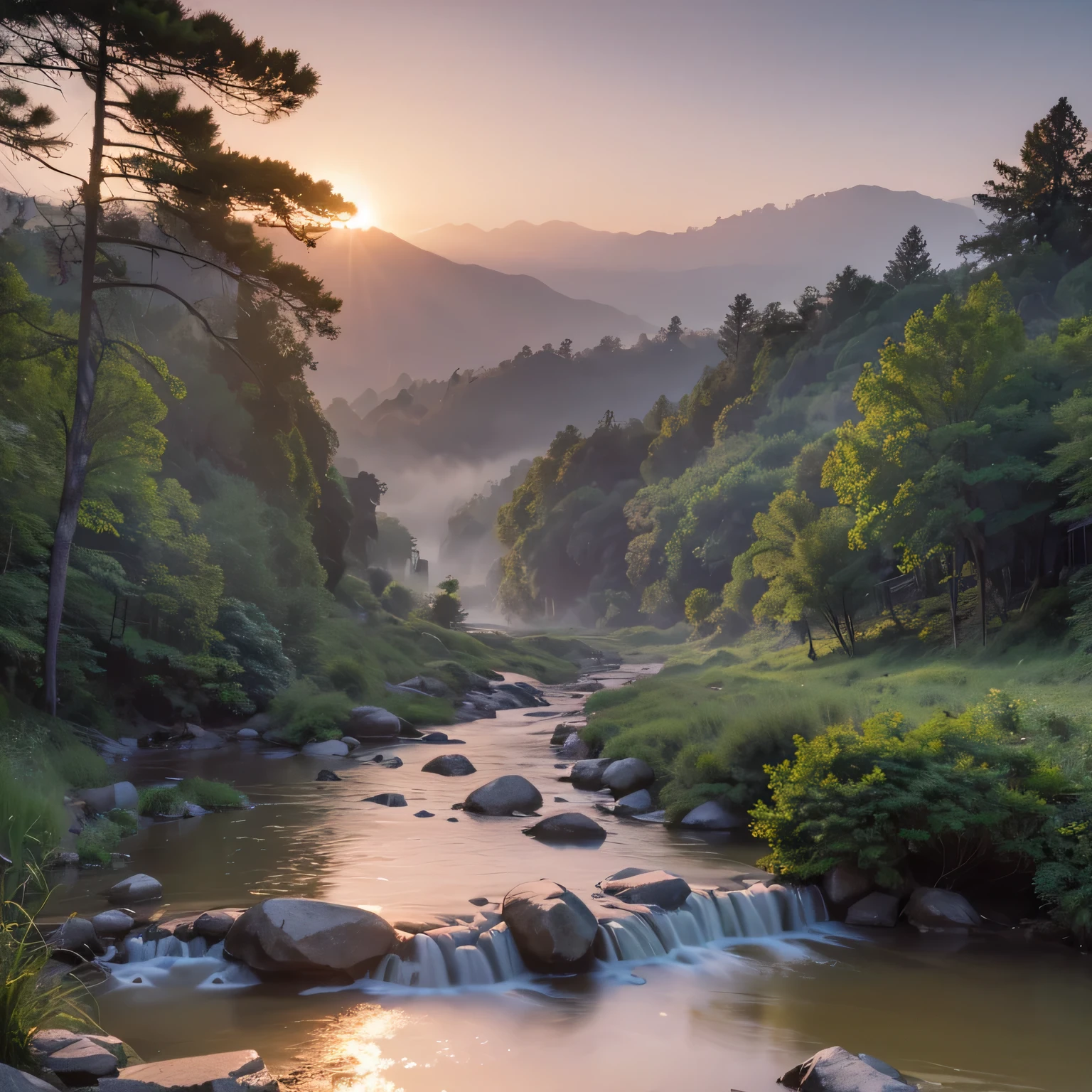 raw photo, sunrise, Chinese forests and rivers, cozy, photorealistic, Chinese architecture sparsely hidden in nature, high detailed texture, 8k uhd, dslr, soft lighting, high quality, film grain, Fujifilm XT3, highly detailed photography, (muted colors, cinematic, dim colors, soothing tones:1.2), vibrant, insanely detailed, hyperdetailed, (vsco:0.3), (intricate details:0.9), (hdr, hyperdetailed:1.2) (highest coherency: 1.39) (highest quality: 1.39) (rule-of-thirds) (award-winning) (masterclass) (highest resolution: 1.39), The sky was drizzling and a thin mist surrounded the forest