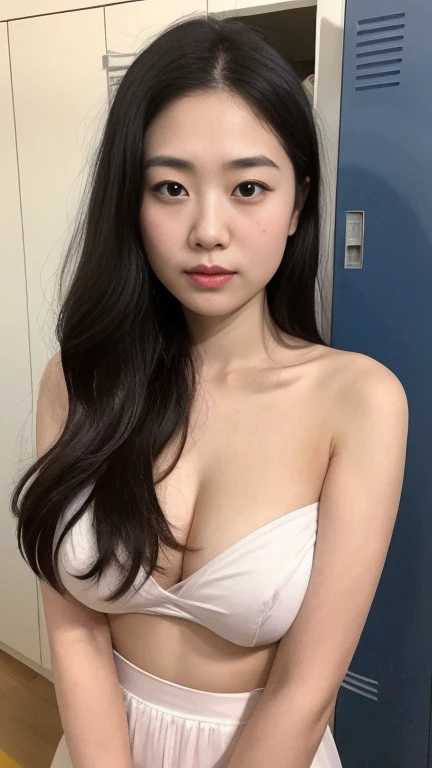 highest quality,masterpiece,Ultra-high resolution,(Realistic:1.4),Beautiful lighting, (Highly detailed CG Unity 8k wallpaper), Beautiful face in every detail,Detailed clothing, 50mm portrait photography, No background、One Girl,Big black eyes, cute, young, Temporarily stop, Facial Lighting, Physically Based Rendering,Written boundary depth , Black Hair, Medium Hair, ((Take from above)), Japanese women、20-year-old、naked、No clothes、(Big Breasts)、(Upper Body)、Young and beautiful woman taking a selfie, Taken with iPhone camera、In front of the locker