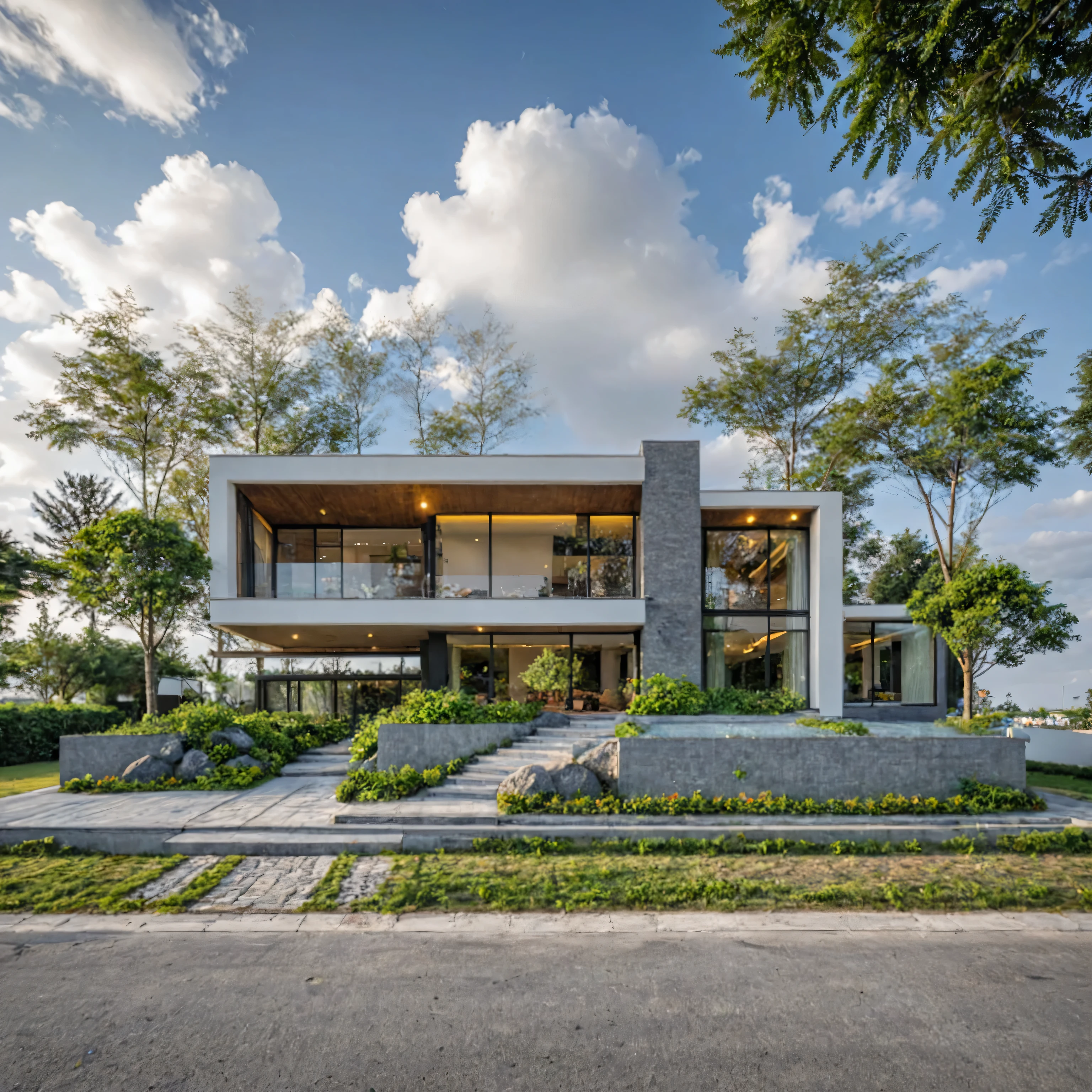 Masterpiece, high quality, best quality, authentic, super detail, outdoors, onestoreyvillaXL, aiaigroup, house style modern on the street ,stairs, white wall ,road,pavement, grass, trees, sky, cloud, (daylight:1.1)