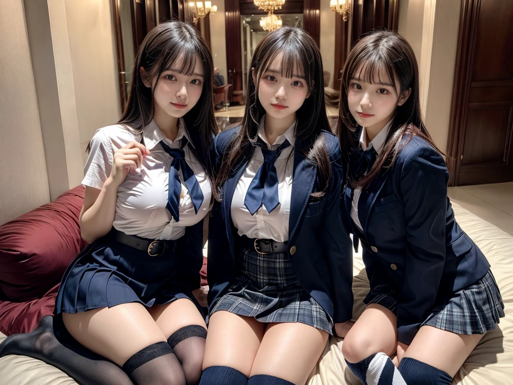 (8K, Raw photography, top-quality, masterpiece:1.2), master piece, best quality, illustration, Super detailed, fine details, High resolution, 8K,wall paper, perfect dynamic composition,(Details High quality, realistic depiction of eyes:1.3), ((2 girls, 2 schoolgirls)), The background is a luxury hotel room、High school girl uniform、blazer 、Super Short Check Uniform Skirt、Navy blue high socks、garterbelts、Colossal tits、Disturbed uniform, Play with each other,Touching each other's bodies,Touching the body of the girl next door, short bob hair, black hair color, huge breasts, Big Natural Color Lip, bold sexy pose, (perfect body shape), crying a little、cold gaze, Beautiful makeup,glitter makeup,Cutest 18 years old, beautiful legs, hposing Gravure Idol, Voluptuous thighs