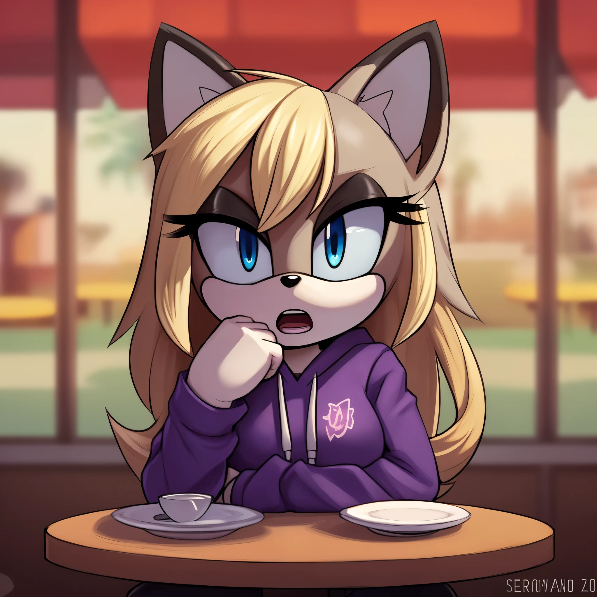 score_9, score_8_up, 2D, cafe background, looking at viewer, (1girl), (solo), very detailed, extremely detailed, from the sonic the hedgehog series, Female, Mobian, Fox, above shoulder, portrait, eyes half closed, puzzled expression, sound lines, open mouth, makeup, light on the lipstick, hair down, long hair, purple hoodie, sitting at table, on a date, large bust, milf, light ash grayish blonde colored fur, light ash grayish blonde colored hair, blue eyes