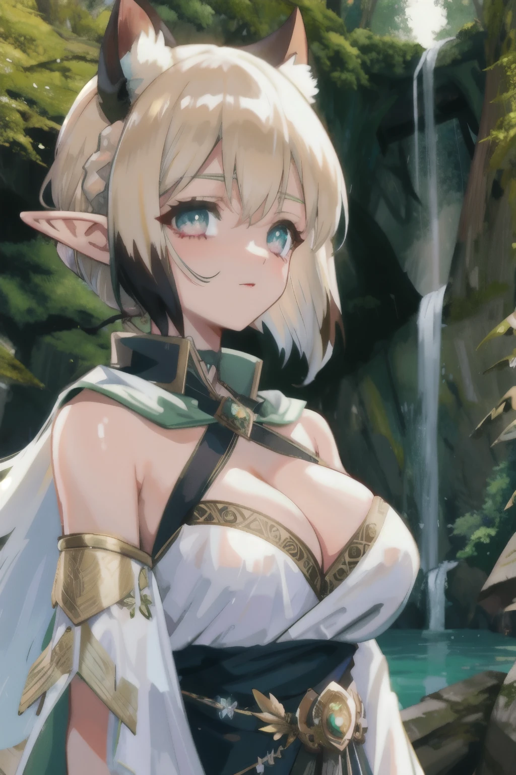 upper body close-up, breasts on display, bra, druid female elf, gold and black armor, white silk cloak, intricate floral pattern, long dark blonde hair, waterfall braid hairstyle, detailed face and eyes, young woman, forest lake with ruins background, volumetric light, god rays, long elf ears, green and white silk outfit, wooden accessories