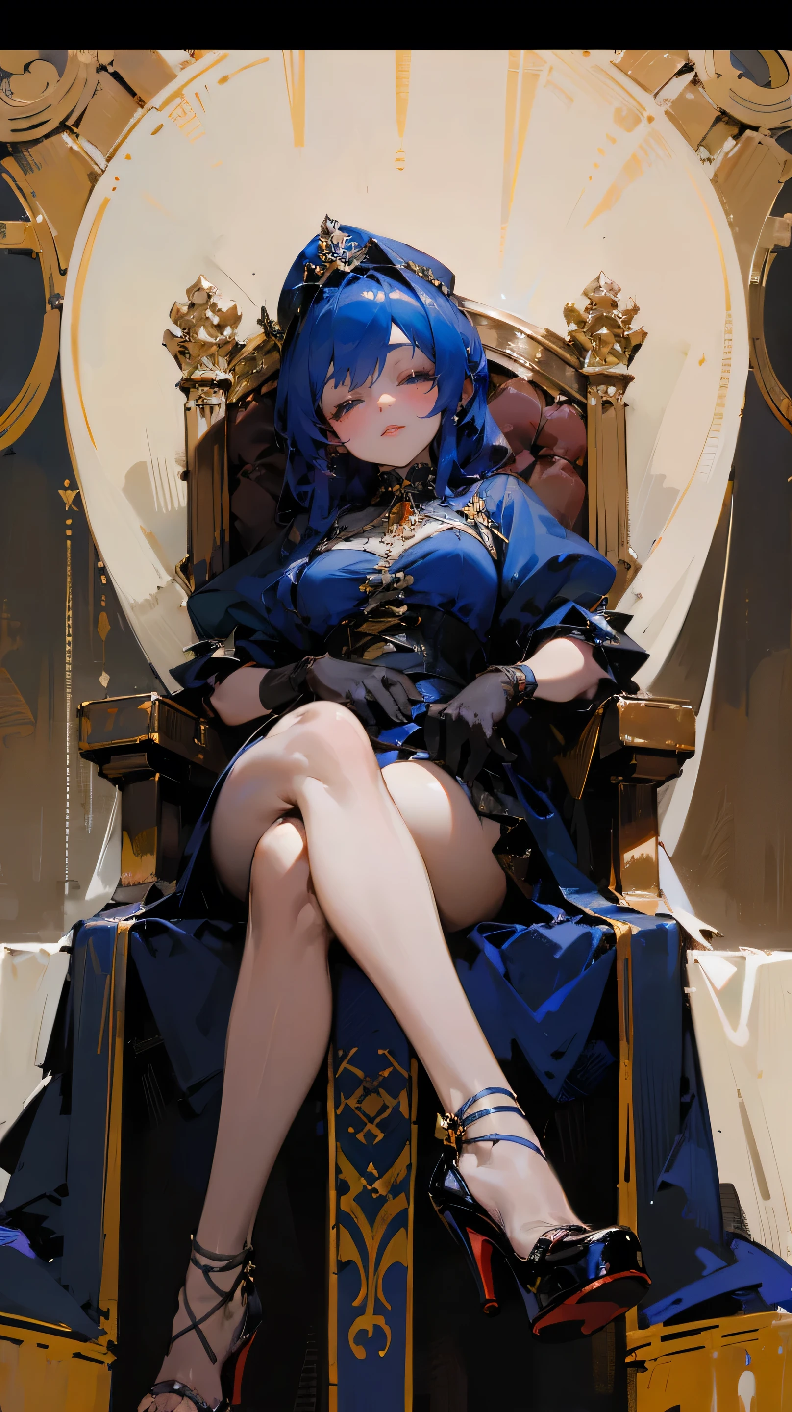 ((best quality)), Jewelry Packaging)),((1 Obese girl))From below，Cross your legs，Dark blue hair，Platform shoes，Sleeping on the throne，luxury，((Gloves))，（Nikolai Fehin），( Fisher, )，The background is a banquet，luxury，drinks，Lace-up high heels