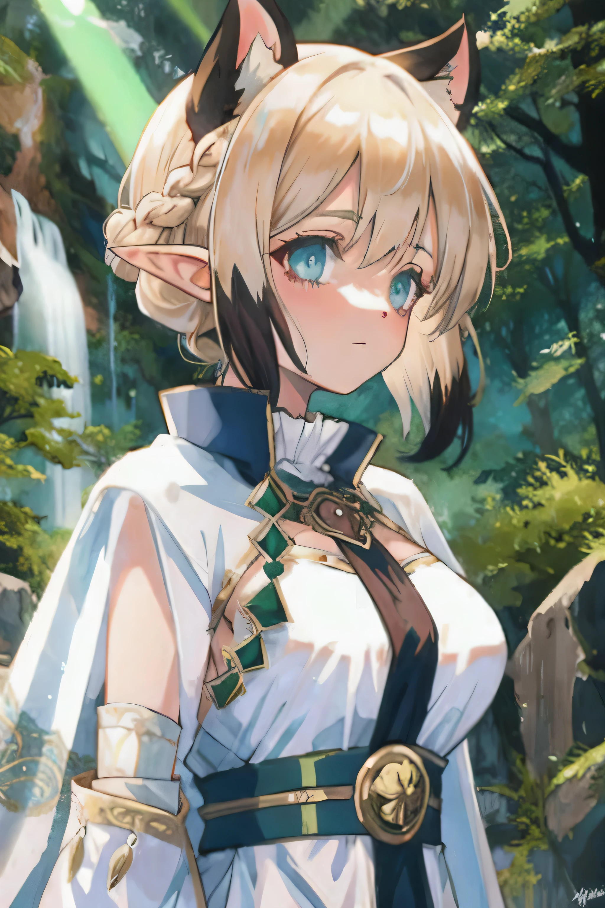 upper body close-up, breasts on display, bra, druid female elf, gold and black armor, white silk cloak, intricate floral pattern, long dark blonde hair, waterfall braid hairstyle, detailed face and eyes, young woman, forest lake with ruins background, volumetric light, god rays, long elf ears, green and white silk outfit, wooden accessories