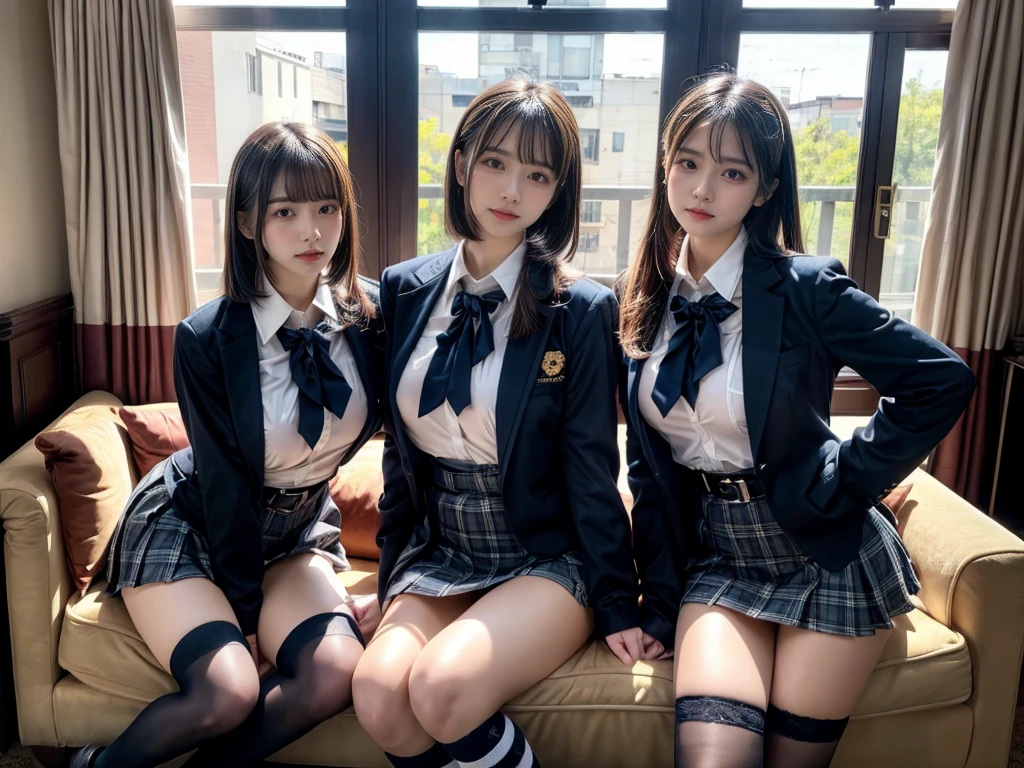 (8K, Raw photography, top-quality, ​masterpiece:1.2), master piece, best quality, illustration, Super detailed, fine details, High resolution, 8K,wall paper, perfect dynamic composition,(Details High quality, realistic depiction of eyes:1.3), ((2 girls, 2 schoolgirls)), The background is a luxury hotel room、High school girl uniform、blazer 、Super Short Check Uniform Skirt、Navy blue high socks、garterbelts、Colossal tits、Disturbed uniform, Play with each other,Touching each other's bodies,Touching the body of the girl next door, short bob hair, black hair color, huge breasts, Big Natural Color Lip, bold sexy pose, (perfect body shape), crying a little、cold gaze,  Beautiful makeup,glitter makeup,Cutest 18 years old, beautiful legs, hposing Gravure Idol, Voluptuous thighs