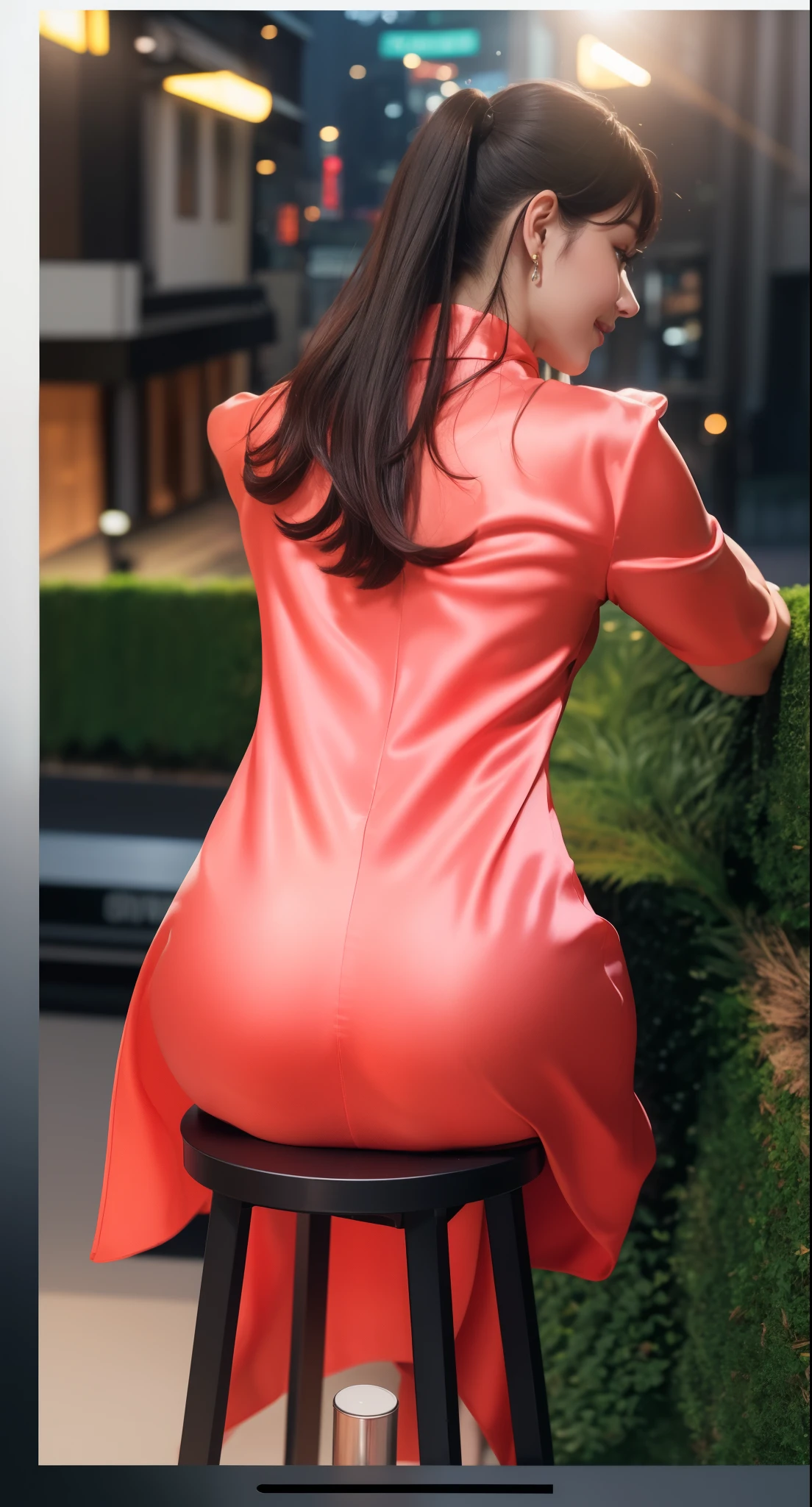 8k, Tabletop, RAW Photos, highest quality, Realistic, Highly detailed CG Unity 8k wallpaper, Depth of written boundary, Cinematic Light, Lens flare, Ray Tracing, (Very beautiful face, Beautiful Lips, Beautiful Eyes), Exquisitely detailed face, ((Highly detailed skin)) One Girl, In the Dark, Deep Shadow, Cute Korean Girl, K-Pop Idols, 1 girl, (Very slim and slender fit muscular body:1.3), ((View Viewer)),(Big smile:1.3), (Fashion City Night, Dark Night, (Neon Signs), (Blurred Background), Fashion Street Night),(No people in the background:1.3), Beautiful earrings, bracelet, pantyhose, Clear Eyes, walk, (Pale skin), (Big eyes), Look forward, (Brown Hair), (Full Body Shot), ((Silk Chinese Dress:1.3)), ((Tight Fit Dress)), , (View Viewer:1.3) Open chest, Very slim, Huge , Backtrack, (Buckshot), focusing, In front of eyebrows,(Tight Dress), Thick thighs,Frameless Glasses,Beautiful ponytail，Back view