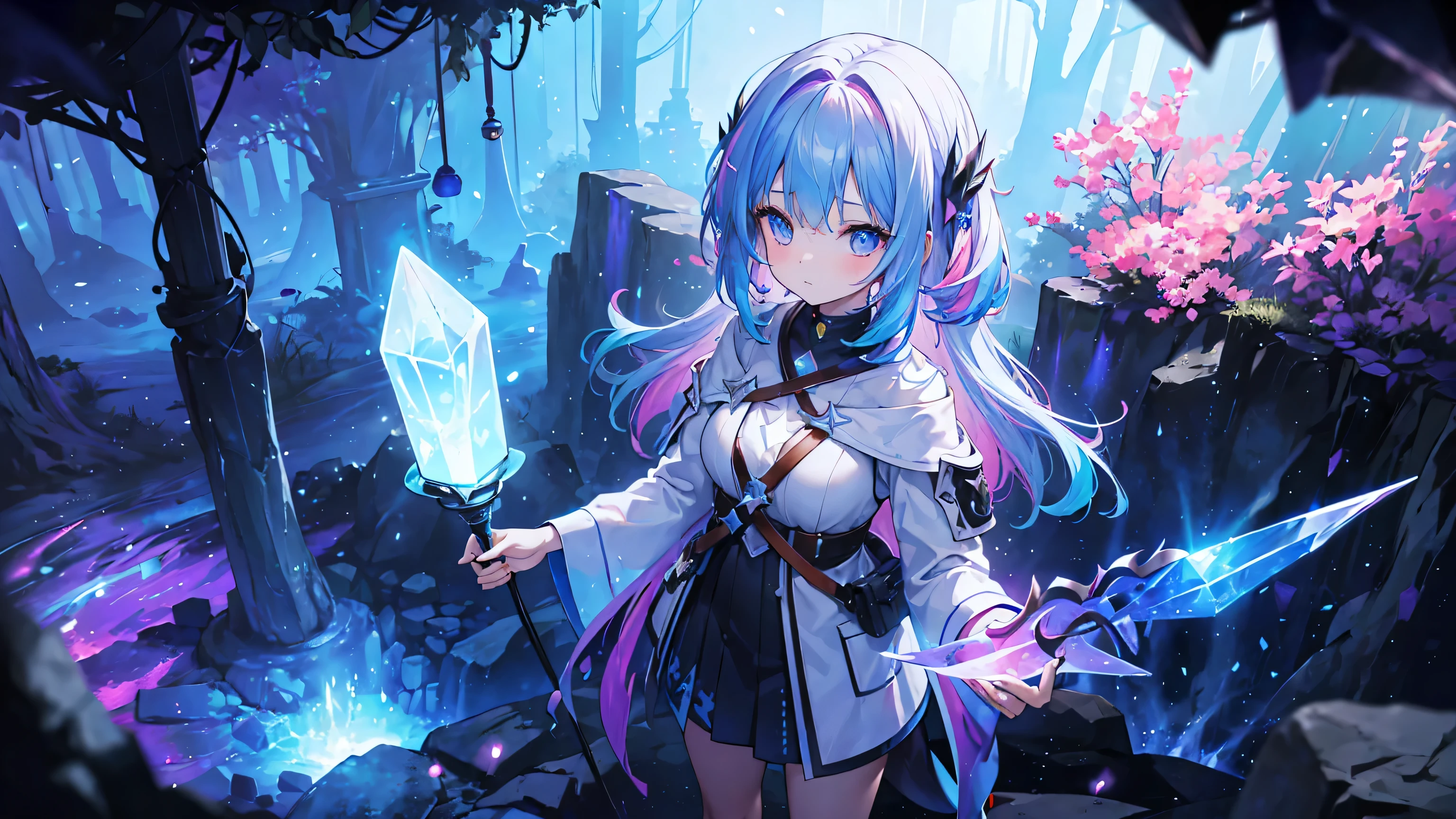 (masterpiece, best quality), (colorful:1.4), from above, solo, 1girl standing at the entrance of a mystical cave guarded by ancient runes, with a bag of glowing crystals and a lantern that illuminates hidden paths, depth of field, fisheye lens