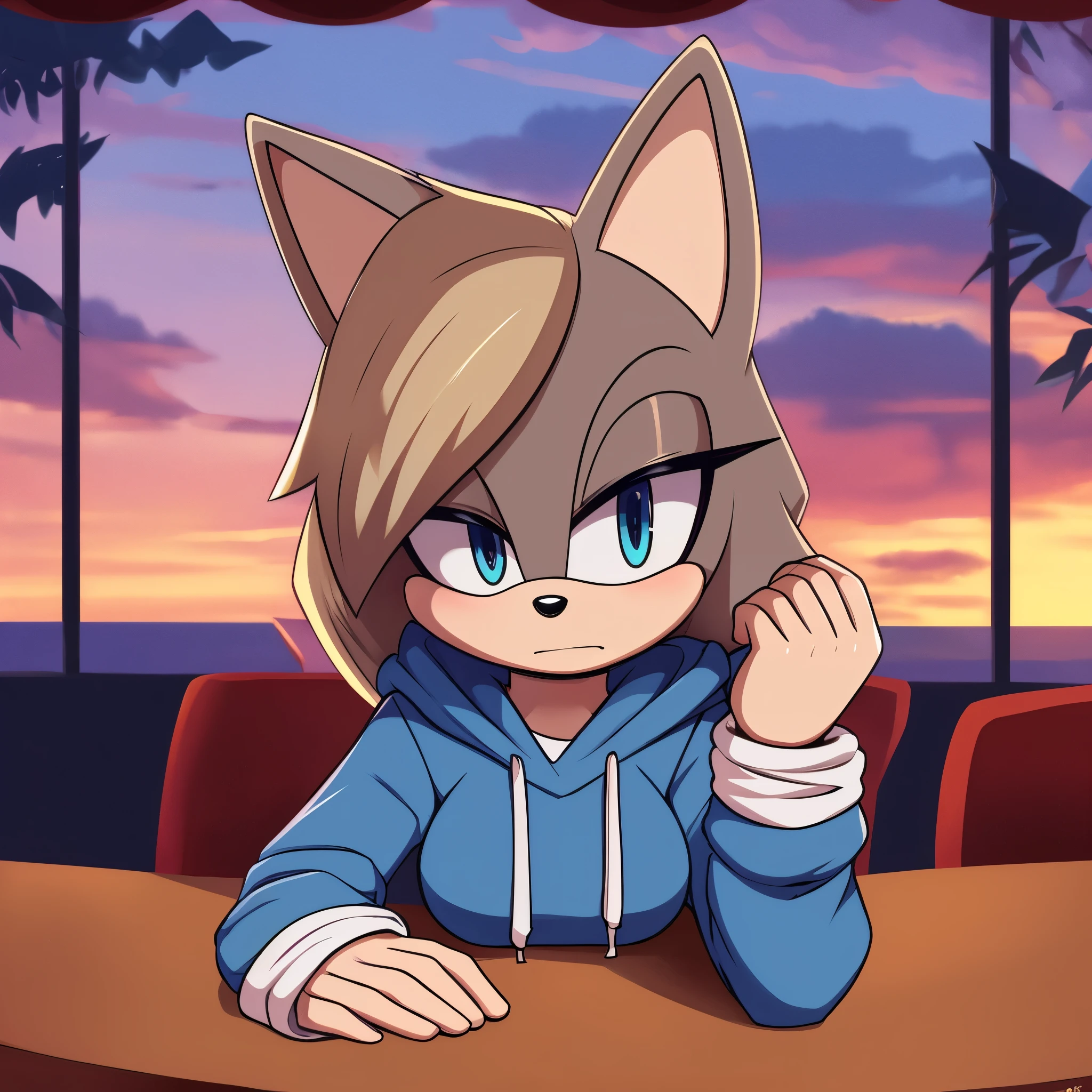 score_9, score_8_up, 2D, cafe background, looking at viewer, (1girl), (solo), very detailed, extremely detailed, from the sonic the hedgehog series, Female, Mobian, Fox, above shoulder, portrait, eyes half closed, puzzled expression, sound lines, makeup, light on the lipstick, hair down, long hair, purple hoodie, sitting at table, on a date, large bust, milf, light ash grayish blonde colored fur, light ash grayish blonde colored hair, blue eyes

