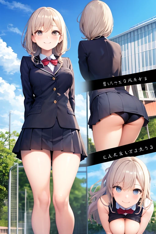 ((highest quality)), ((masterpiece)), (detailed), Perfect Face、blue sky、very cute、student、uniform、Bending over、Observe the audience、tick your butt out、Back view、School entrance、smile、Big Breasts