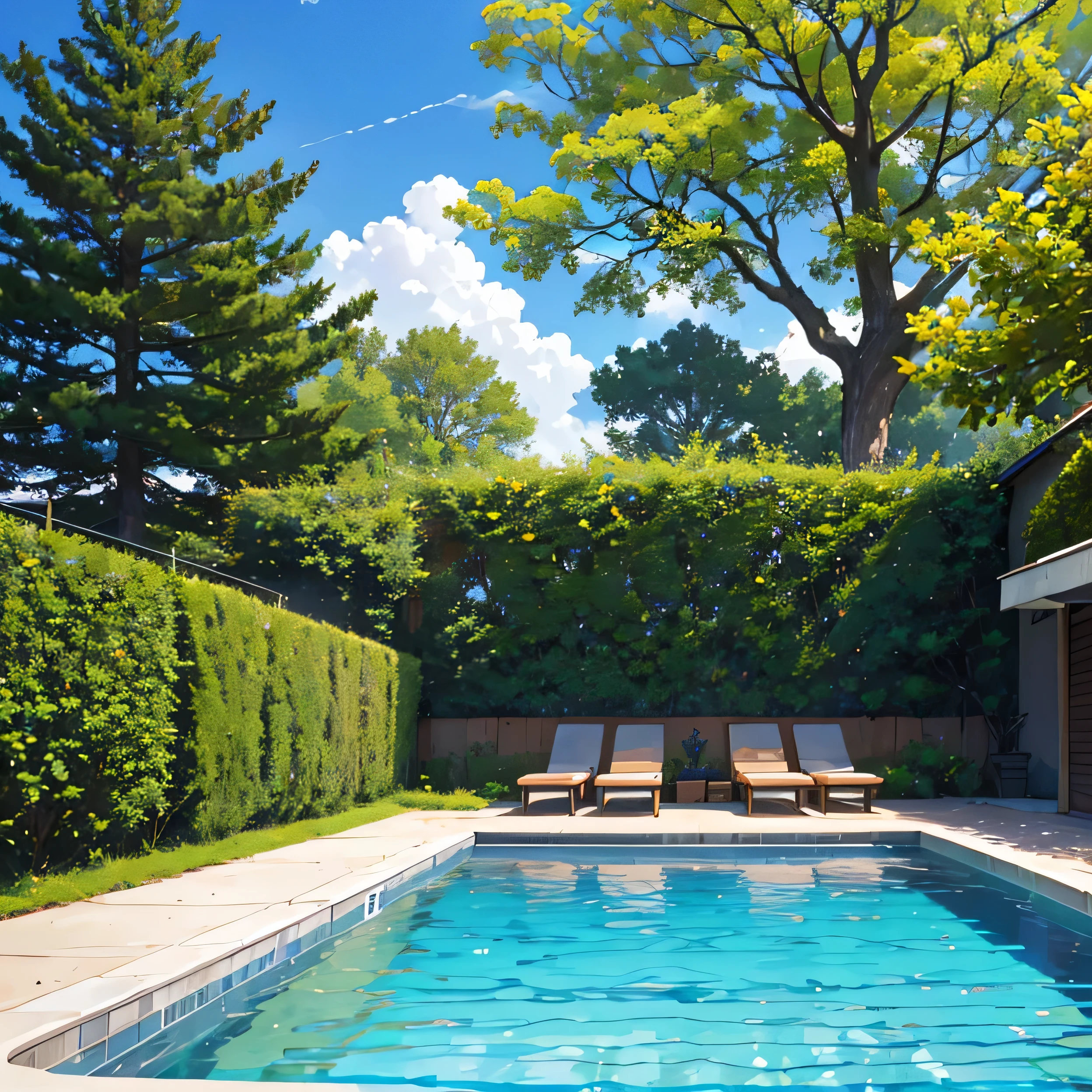 swimming pool in broad daylight, some trees surrounding it, bright  mood