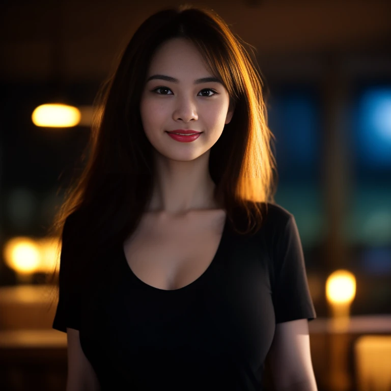 8K images, Shot with a high quality Fuji 45 camera.,000,000 pixels raw photo, best quality, Masterpiece:1.2), (realistic, photo-realistic:1.37), very detailed,
1 woman,cute, alone,Beautifully detailed sky,nighttime, In an open-air restaurant,) ,big breasts, seductive smile, wide aperture, professional lighting, Sony A7R4, 50mm sessile lens. 2 medium sized breasts,Beautifully detailed eyes,(dark orange t-shirt, Long hair floats up:1.2),floating hair