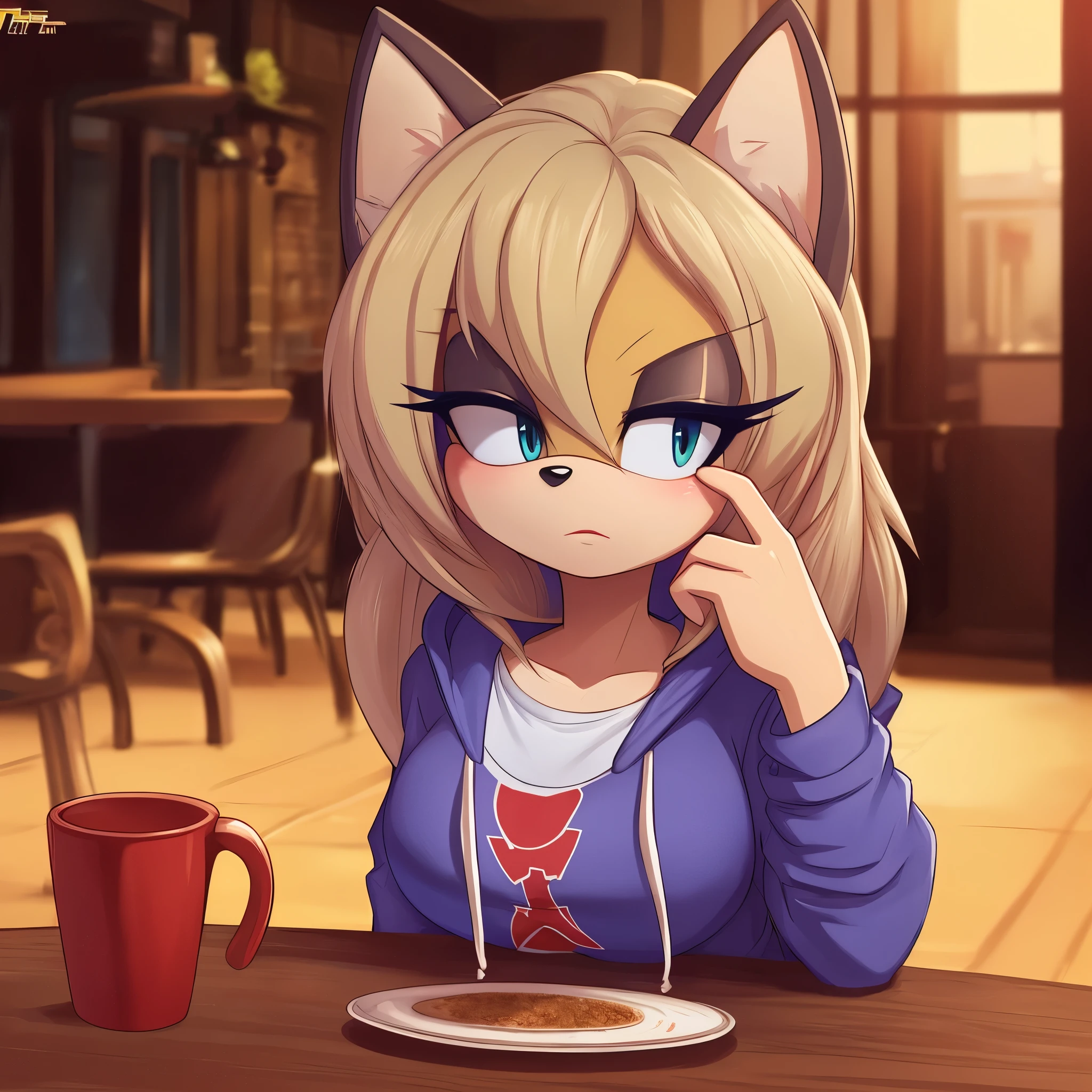 score_9, score_8_up, 2D, cafe background, looking at viewer, (1girl), (solo), very detailed, extremely detailed, from the sonic the hedgehog series, Female, Mobian, Fox, above shoulder, portrait, eyes half closed, puzzled expression, sound lines, open mouth, makeup, light on the lipstick, hair down, long hair, purple hoodie, sitting at table, on a date, large bust, milf, light ash grayish blonde colored fur, light ash grayish blonde colored hair, blue eyes