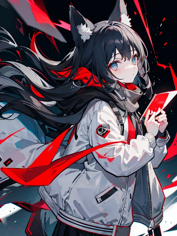 Award-winning RAW color photo of a neutral human girl with wolf ears and wolf tail+ Wearing gray hooded jacket and red scarf, laboratory, Night ominous dark omen, mist, moonlight, Vivid and charming eyes, Pale skin, (Black Hair)+, Shallow and deep, High contrast, Backlight, bloom, Chromatic Aberration, Smooth, Clear focus, Shoot with a mirrorless camera