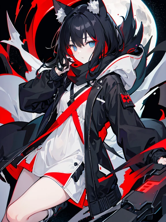 Award-winning RAW color photo of a neutral human girl with wolf ears and wolf tail+ Wearing gray hooded jacket and red scarf, laboratory, Night ominous dark omen, mist, moonlight, Vivid and charming eyes, Pale skin, (Black Hair)+, Shallow and deep, High contrast, Backlight, bloom, Chromatic Aberration, Smooth, Clear focus, Shoot with a mirrorless camera