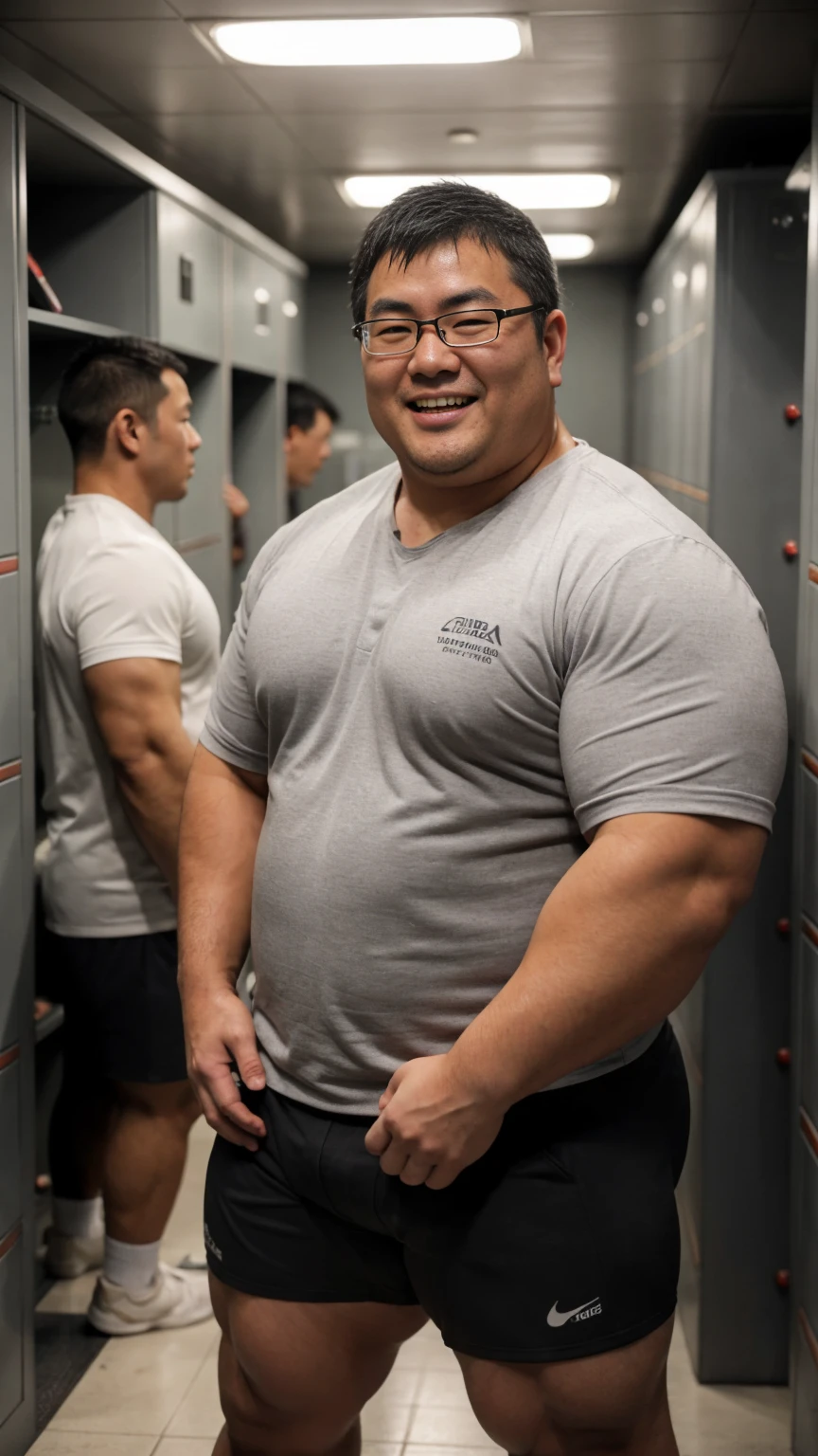 A Japanese man in a business grey suit is standing next to guy, A little chubby Japanese young guy is standing next to the male:2, He is wearing white jockstrap, round face:2, droopy eyes, geeky messy hair, natural nerdy hair, Draw in clear detail whose hand it is, Anatomically correct, Super detail, Textured skin, Masterpiece, Photo realistic, 8K, high sharpness, Shot with a medium telephoto lens, thick thighs, In the damp underground dark locker room at night, bulgeJ8, 