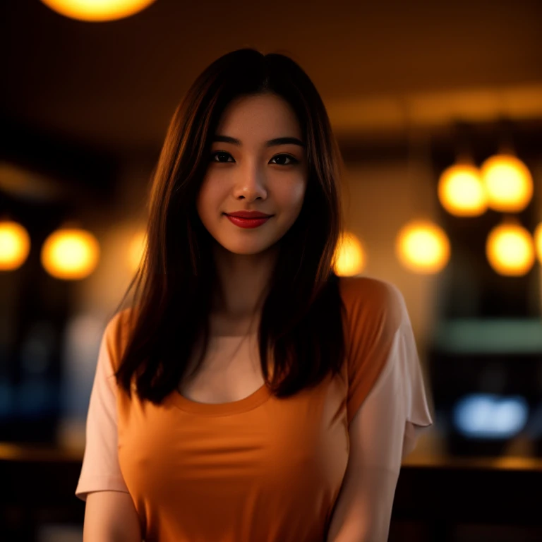 8K images, Shot with a high quality Fuji 45 camera.,000,000 pixels raw photo, best quality, Masterpiece:1.2), (realistic, photo-realistic:1.37), very detailed,
1 woman,cute, alone,Beautifully detailed sky,nighttime, In an open-air restaurant,) ,big breasts, seductive smile, wide aperture, professional lighting, Sony A7R4, 50mm sessile lens. 2 medium sized breasts,Beautifully detailed eyes,(dark orange t-shirt, Long hair floats up:1.2),floating hair