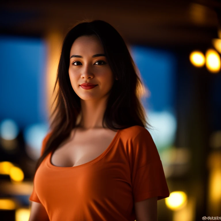 8K images, Shot with a high quality Fuji 45 camera.,000,000 pixels raw photo, best quality, Masterpiece:1.2), (realistic, photo-realistic:1.37), very detailed,
1 woman,cute, alone,Beautifully detailed sky,nighttime, In an open-air restaurant,) ,big breasts, seductive smile, wide aperture, professional lighting, Sony A7R4, 50mm sessile lens. 2 medium sized breasts,Beautifully detailed eyes,(dark orange t-shirt, Long hair floats up:1.2),floating hair