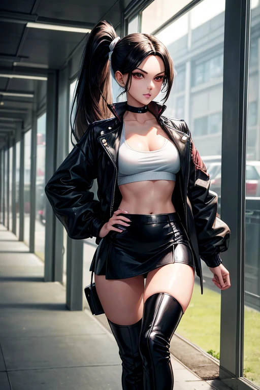 Draw Lana Hot, an anime-style female character.  straight black hair with a ponytail, thin eyebrows, brown eyes, small and perky breasts, athletic body with a large and pert ass.  She is wearing a black mini skirt and a blouse with a jacket, wearing high-heeled boots.  walking through the school corridors seducing the boys wherever she goes.