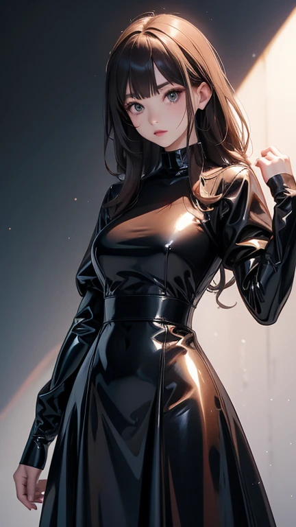 A woman wearing a latex maid outfit、Long sleeve、Tight long skirt、Latex high neck shirt