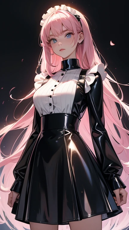 A woman wearing a latex maid outfit、Long sleeve、Tight long skirt、Latex high neck shirt
