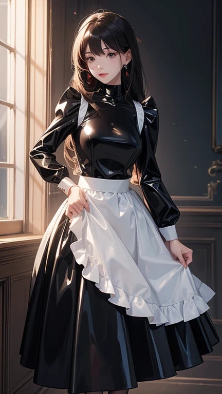 A woman wearing a latex maid outfit、Long sleeve、Tight long skirt、Latex high neck shirt
