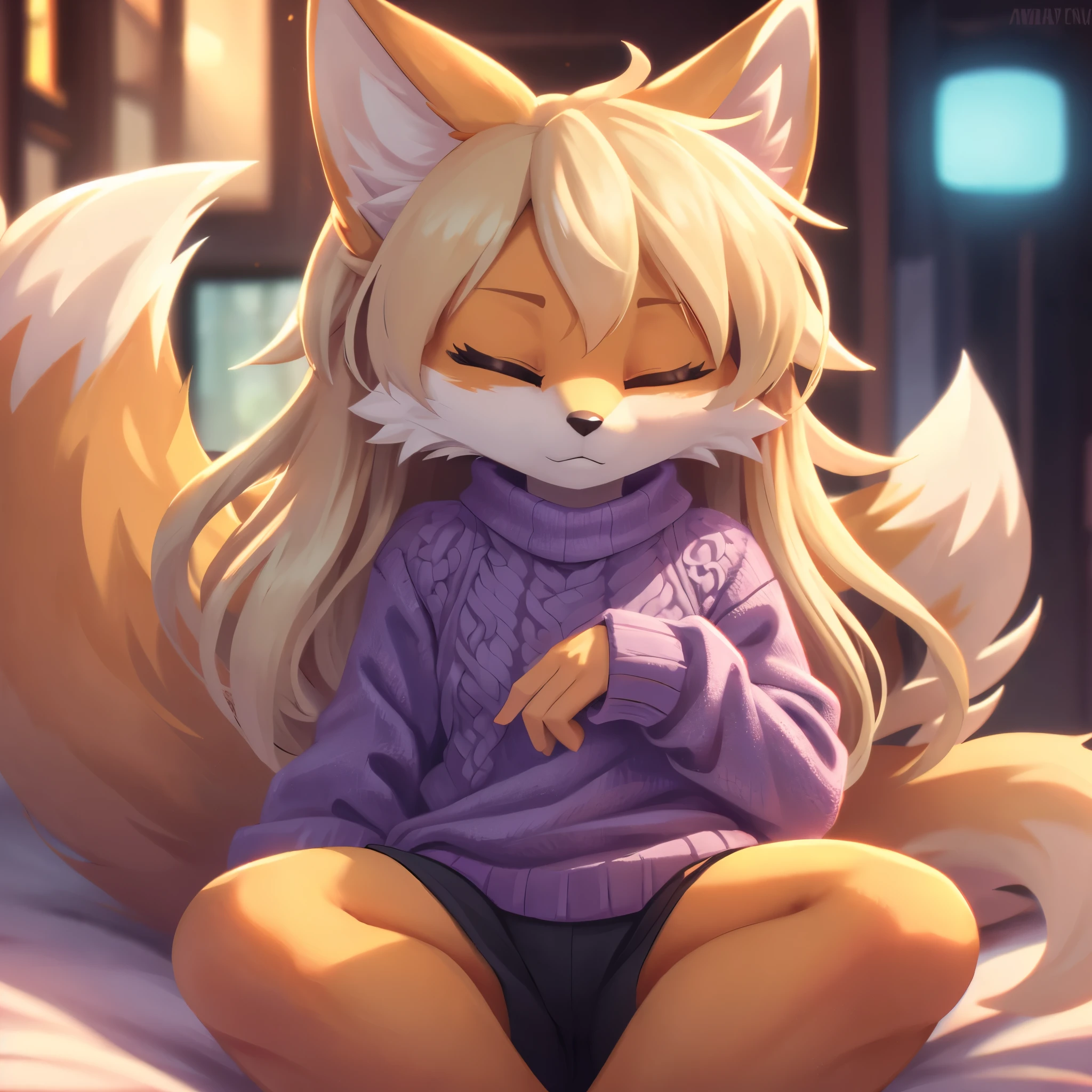 Masterpiece, high quality, studio quality, intricate details, 4k, 1girl, solo, Female Fox, :/, purple sweater, eyes closed, grayish blonde fur