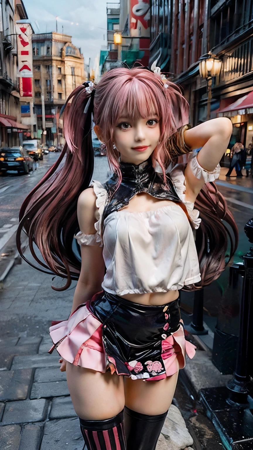 extremely detailed CG unity 8k wallpaper, best quality, ultra-detailed, masterpiece, realistic, photo realistic, blush, parted lips, looking at viewer , half body shot , (Perona One Piece), ping long hair, blushing, beautiful face, embarrassed face, standing, arms behind head, cute face, goth outfit, twintails, outdoor, sakura blossom, stripe legging, skirt, smile at viewer,