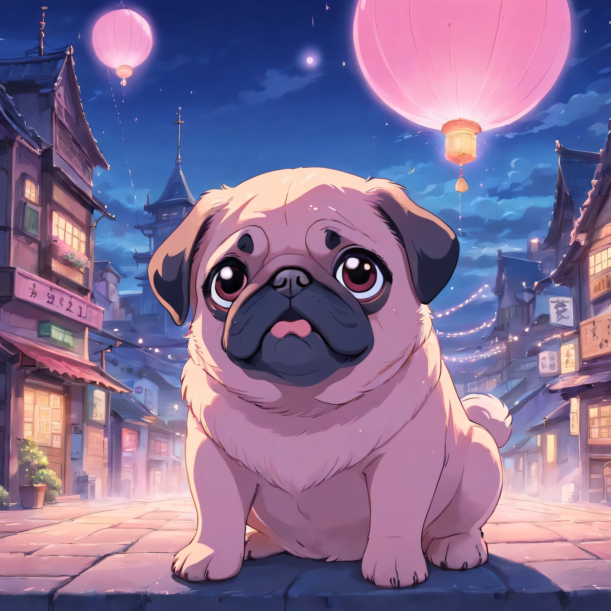 Pink fur pug puppy、Tears、The navy blue color of the city flows