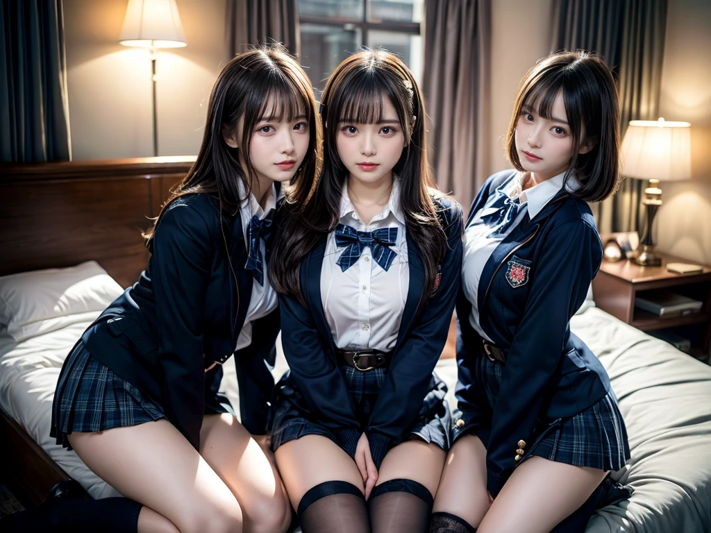 (8K, Raw photography, top-quality, masterpiece:1.2), master piece, best quality, illustration, Super detailed, fine details, High resolution, 8K,wall paper, perfect dynamic composition,(Details High quality, realistic depiction of eyes:1.3), ((2 girls, 2 schoolgirls)), The background is a luxury hotel room、High school girl uniform、blazer 、Super Short Check Uniform Skirt、Navy blue high socks、garterbelts、Colossal tits、Disturbed uniform, Play with each other,Touching each other's bodies,Touching the body of the girl next door, short bob hair, black hair color, huge breasts, Big Natural Color Lip, bold sexy pose, (perfect body shape), crying a little、cold gaze, Beautiful makeup,glitter makeup,Cutest 18 years old, beautiful legs, hposing Gravure Idol, Voluptuous thighs