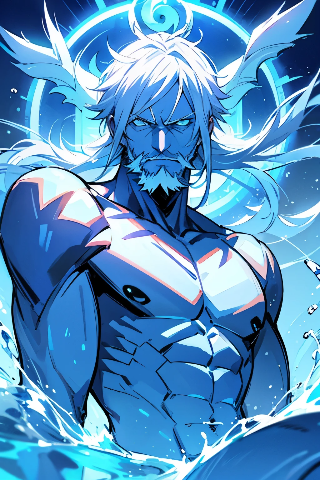 anime male, trident, water god, blue skin, glare, white beard, white hair