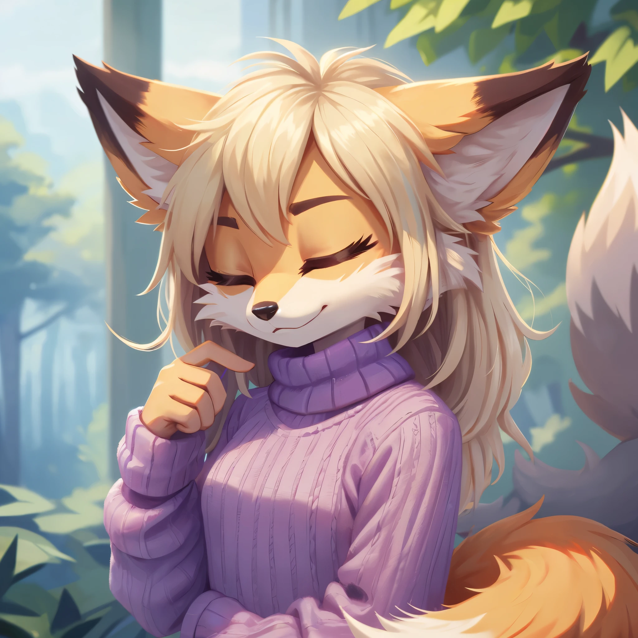 Masterpiece, high quality, studio quality, intricate details, 4k, 1girl, solo, Female Fox, :/, purple sweater, eyes closed, grayish blonde fur