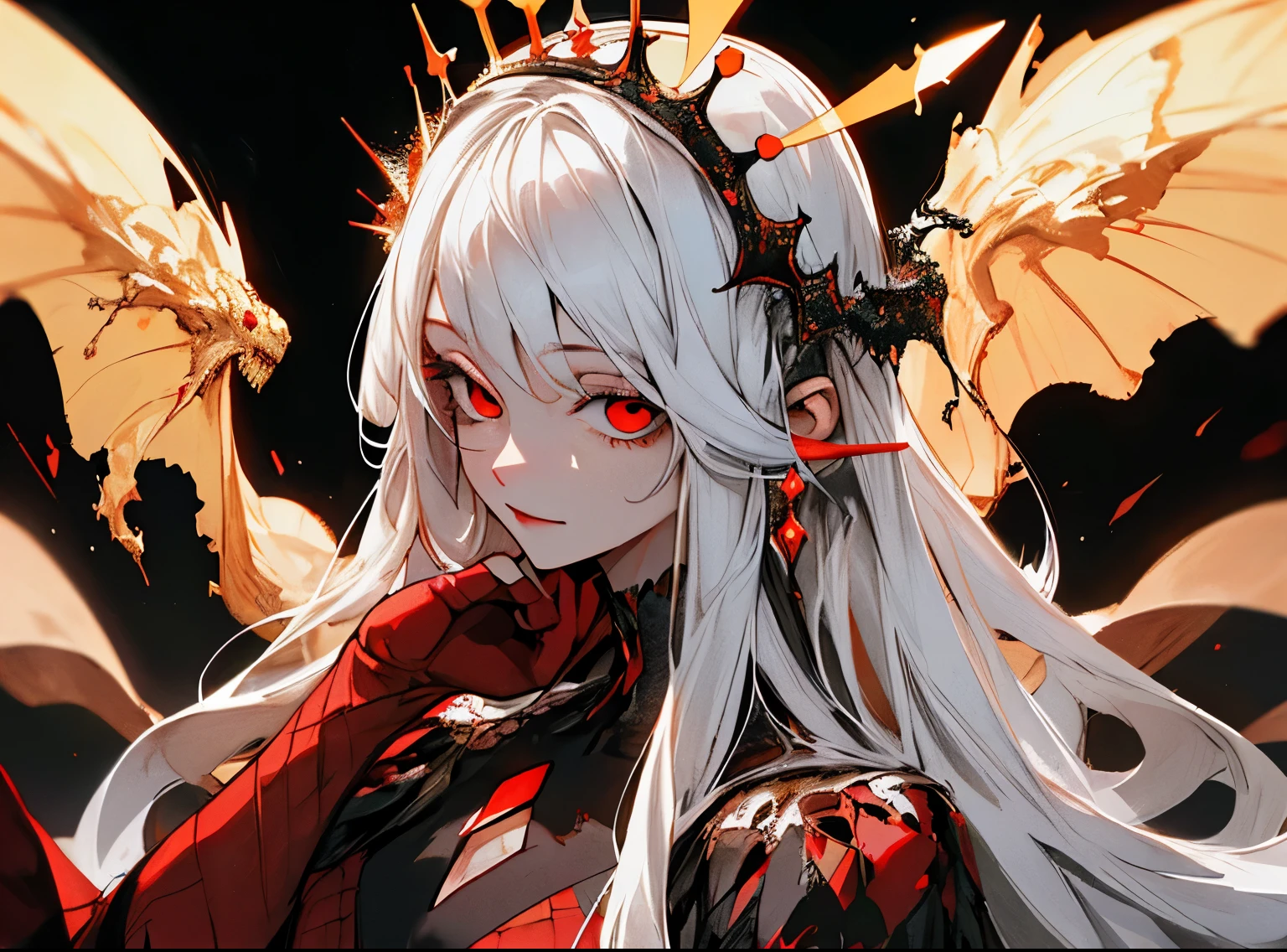 masterpiece, best quality, Extremely detailed, absurd, rich and colorful, 1 Girl, Solitary, (solid red eyes:1.0), (white hair, long hair, Straight Hair, Hair covering one eye:1.0), delicate eyes, Keep your eyes open, eyelash, (Upper Body:0.8), Monster Girl, side view, Glowing eyes, Tilting your head, night, Black suit, Pointed ears, fear, dark, black background, looking at the audience, crown, High contrast, Backlight, (permanent:0.8), halo, Fractal background, chaotic, spiral, devil horns, vitality, mosaic, hell