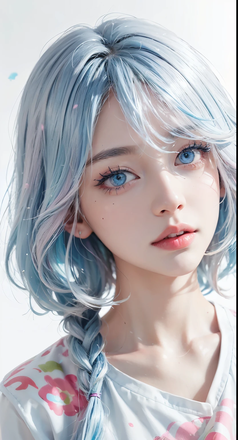 （masterpiece、best quality、high resolution），（Colorful background，（splash of conk splatter，splash of color）），Sweet girl，light blue medium length hair，[light blue|pink]hair，curls，blue eyes，flash，pink lips，（Splash color，（white shirt），front，Whole BodyEsbian:0.6，Volumetric lighting，splash of color，Color explosion，Surrounded by colorful splashes