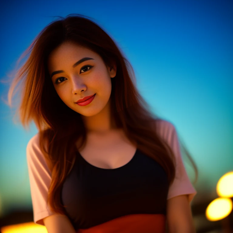8K images, Shot with a high quality Fuji 45 camera.,000,000 pixels raw photo, best quality, Masterpiece:1.2), (realistic, photo-realistic:1.37), very detailed,
1 woman,cute, Action in various poses, alone,Beautifully detailed sky,nighttime, In an open-air restaurant,) ,big breasts, seductive smile, wide aperture, professional lighting, Sony A7R4, 50mm sessile lens. 2 medium sized breasts,Beautifully detailed eyes,(dark orange t-shirt, Long hair floats up:1.2),floating hair