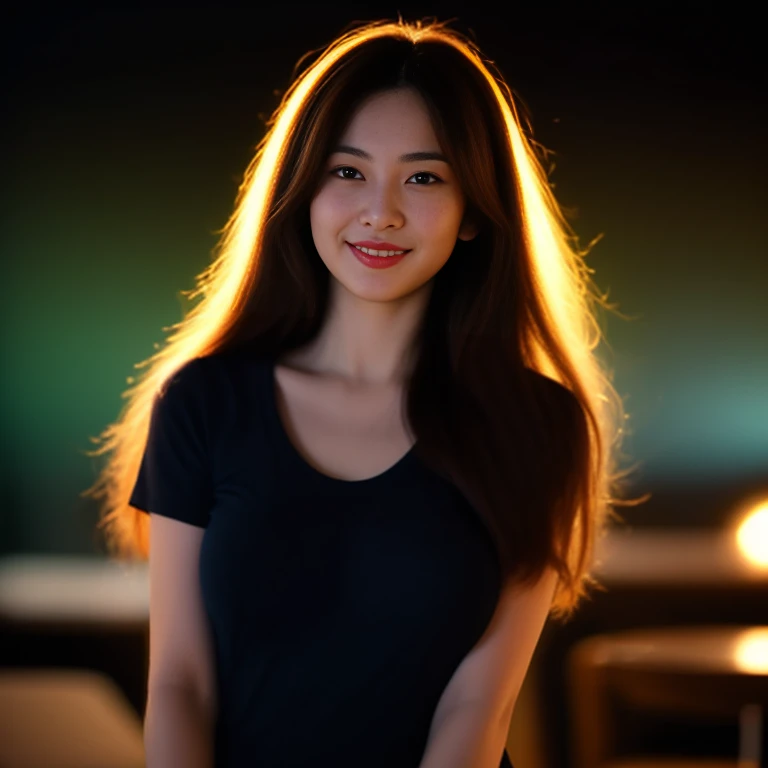 8K images, Shot with a high quality Fuji 45 camera.,000,000 pixels raw photo, best quality, Masterpiece:1.2), (realistic, photo-realistic:1.37), very detailed,
1 woman,cute, Action in various poses, alone,Beautifully detailed sky,nighttime, In an open-air restaurant,) ,,  smile, wide aperture, professional lighting, Sony A7R4, 50mm sessile lens. 2 medium sized breasts,Beautifully detailed eyes,(dark orange t-shirt, Long hair floats up:1.2),floating hair