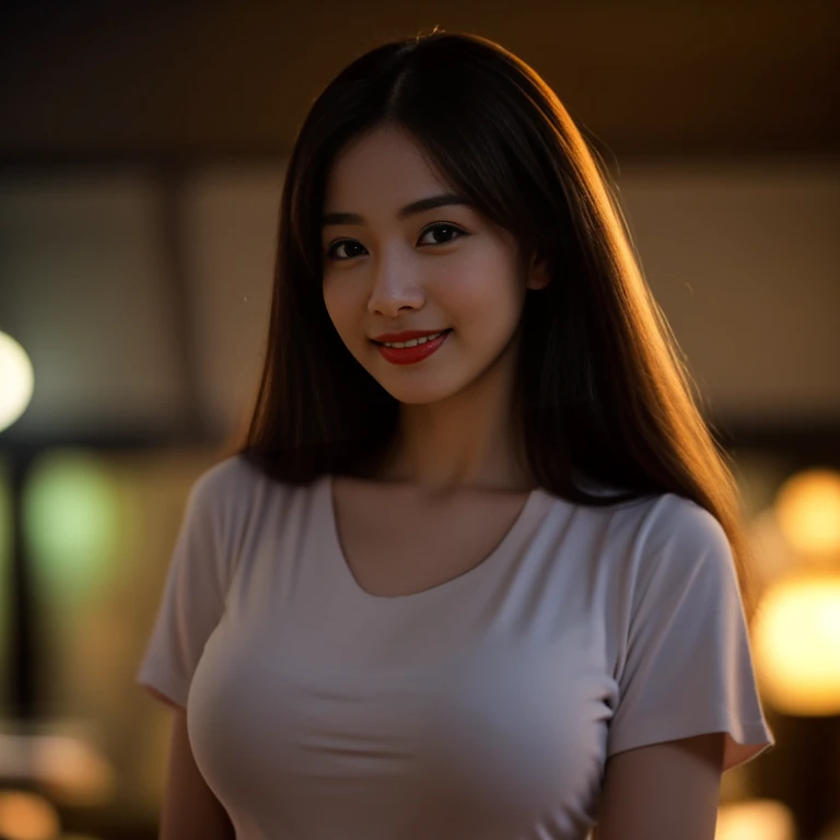 8K images, Shot with a high quality Fuji 45 camera.,000,000 pixels raw photo, best quality, Masterpiece:1.2), (realistic, photo-realistic:1.37), very detailed,
1 woman,cute, Action in various poses, alone,Beautifully detailed sky,nighttime, In an open-air restaurant,) ,big breasts, seductive smile, wide aperture, professional lighting, Sony A7R4, 50mm sessile lens. 2 medium sized breasts,Beautifully detailed eyes,(dark orange t-shirt, Long hair floats up:1.2),floating hair
